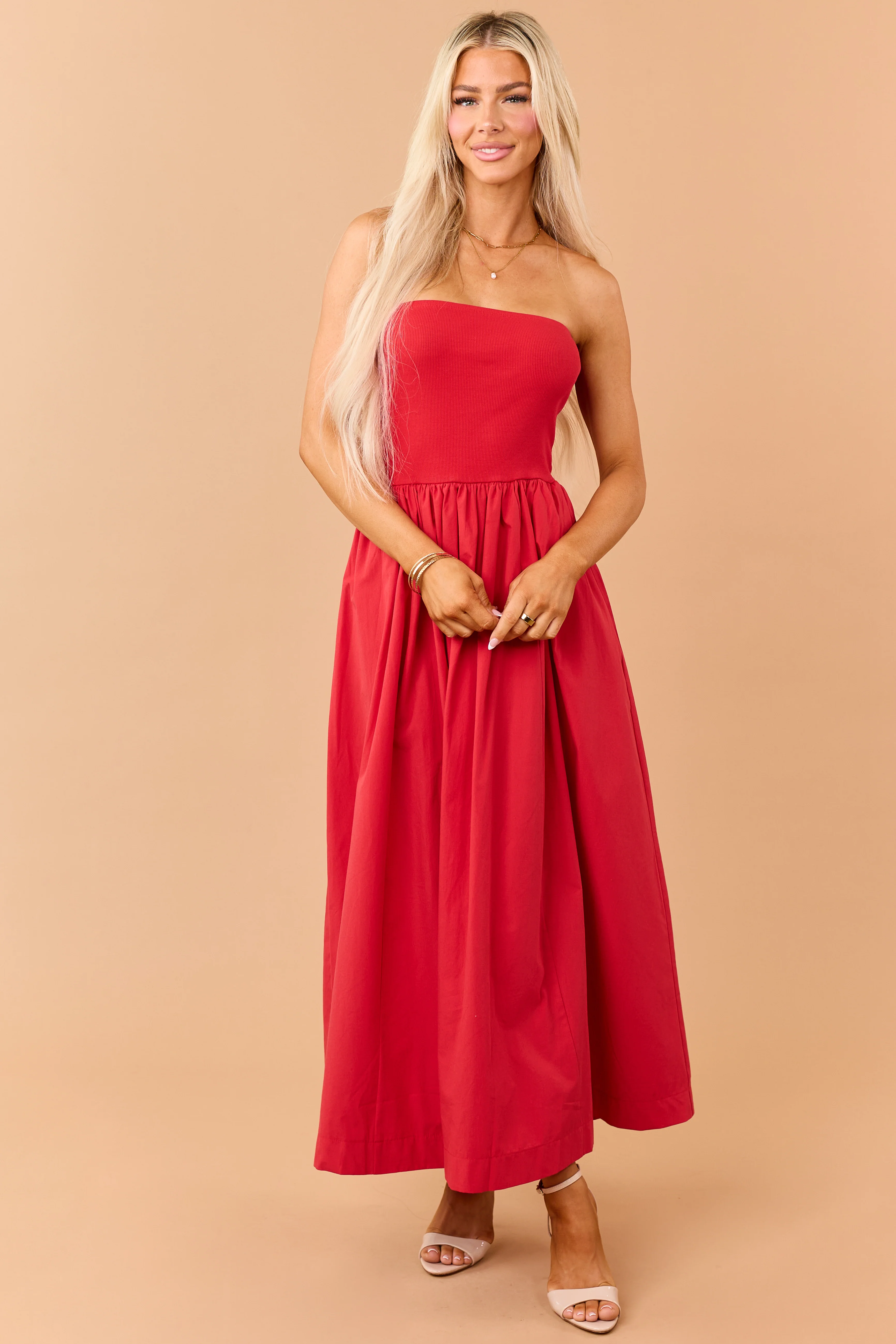 Lipstick Strapless Knit Contrast Cotton Maxi Dress - Image 2