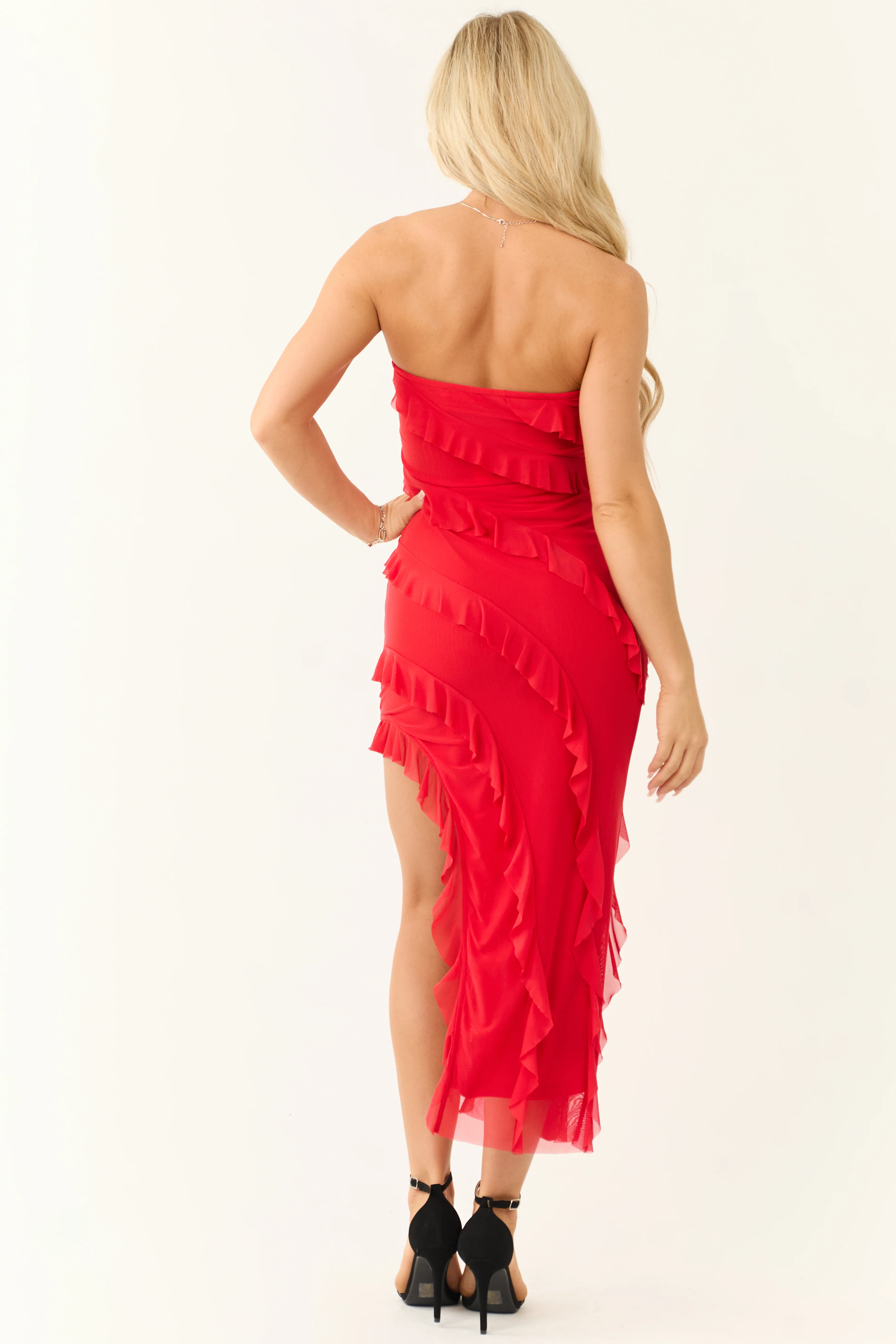 Lipstick Strapless Ruffle Asymmetrical Midi Dress - Image 7