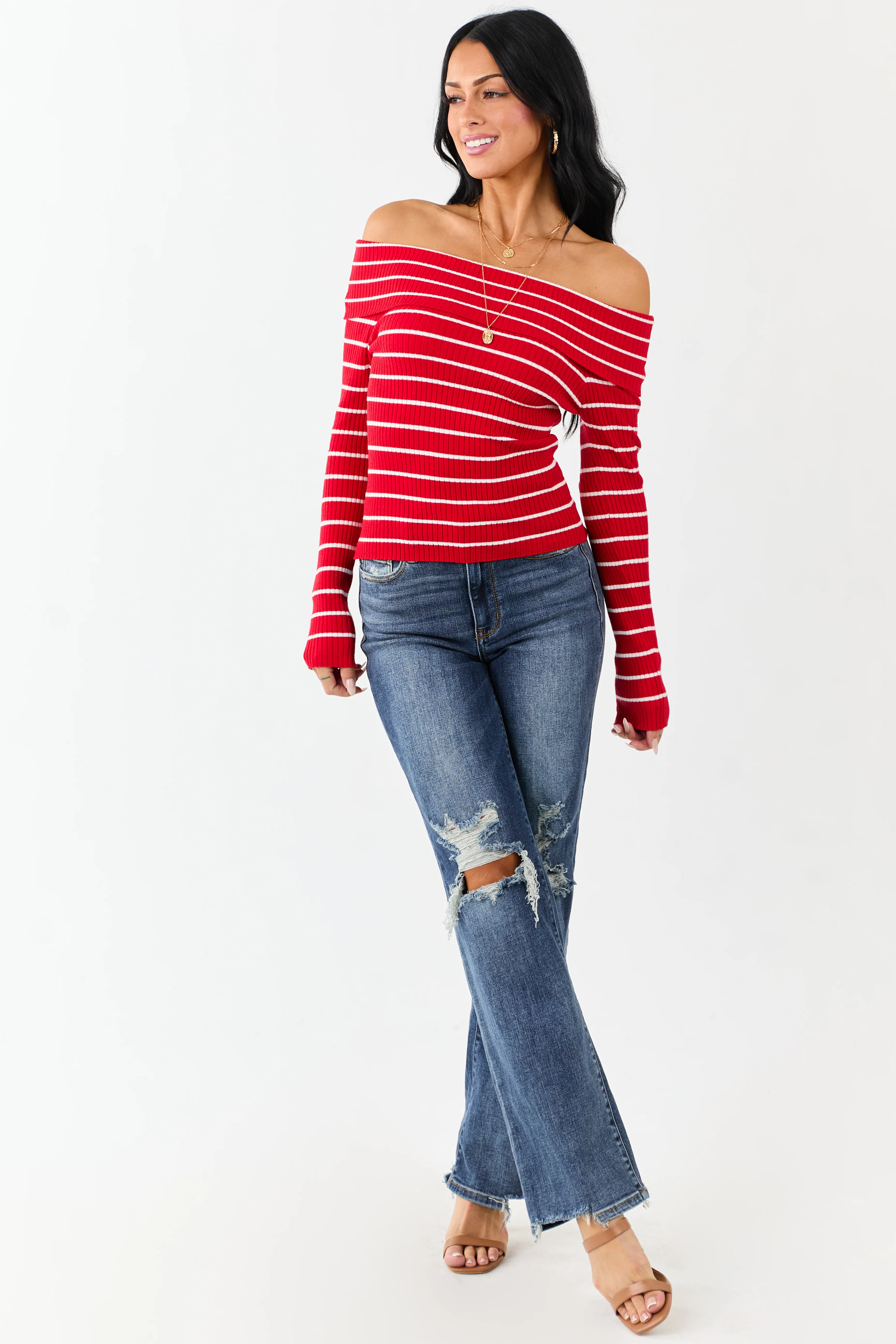 Lipstick Striped Off the Shoulder Fitted Knit Top - Image 2