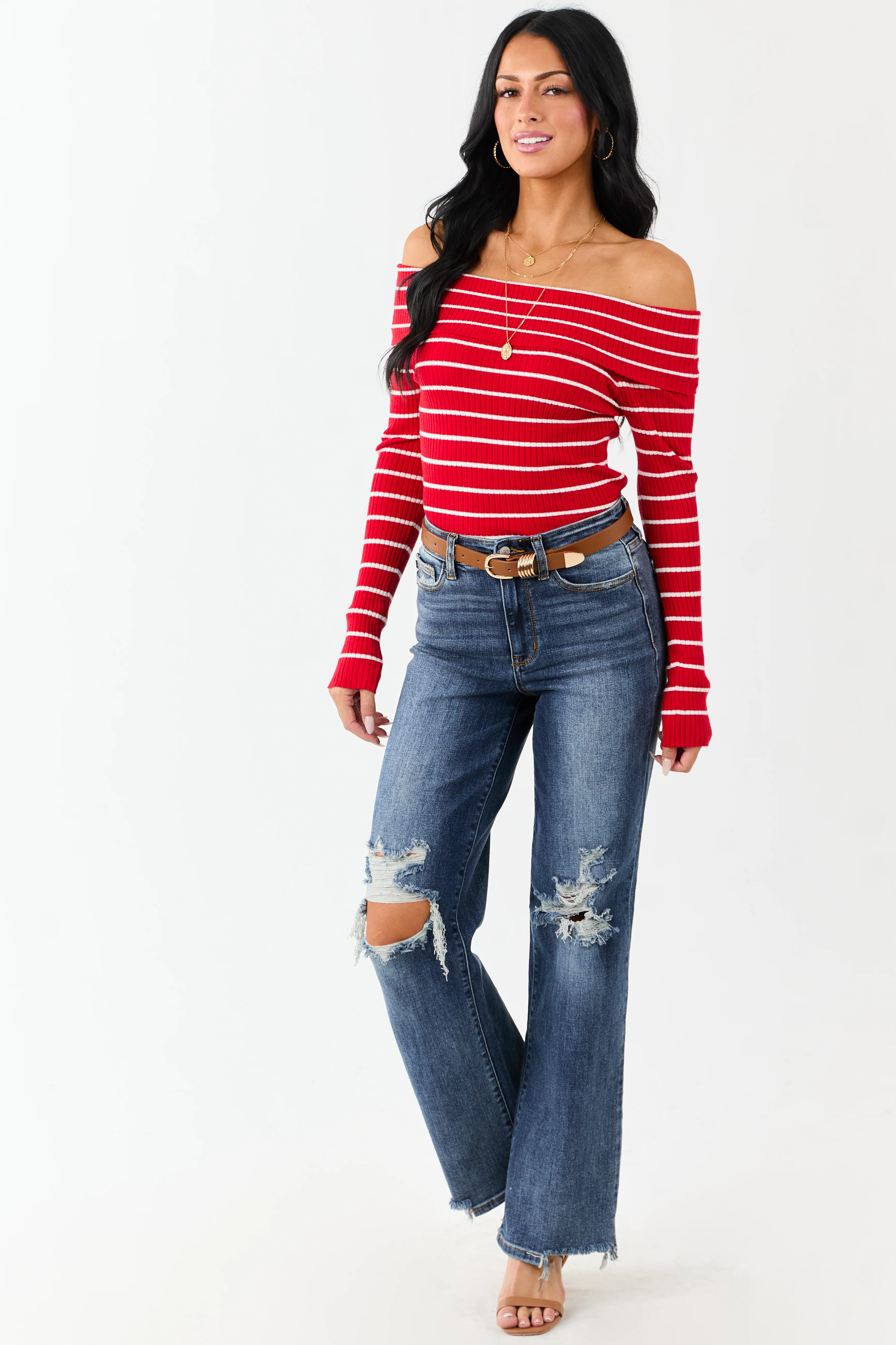 Lipstick Striped Off the Shoulder Fitted Knit Top - Image 3