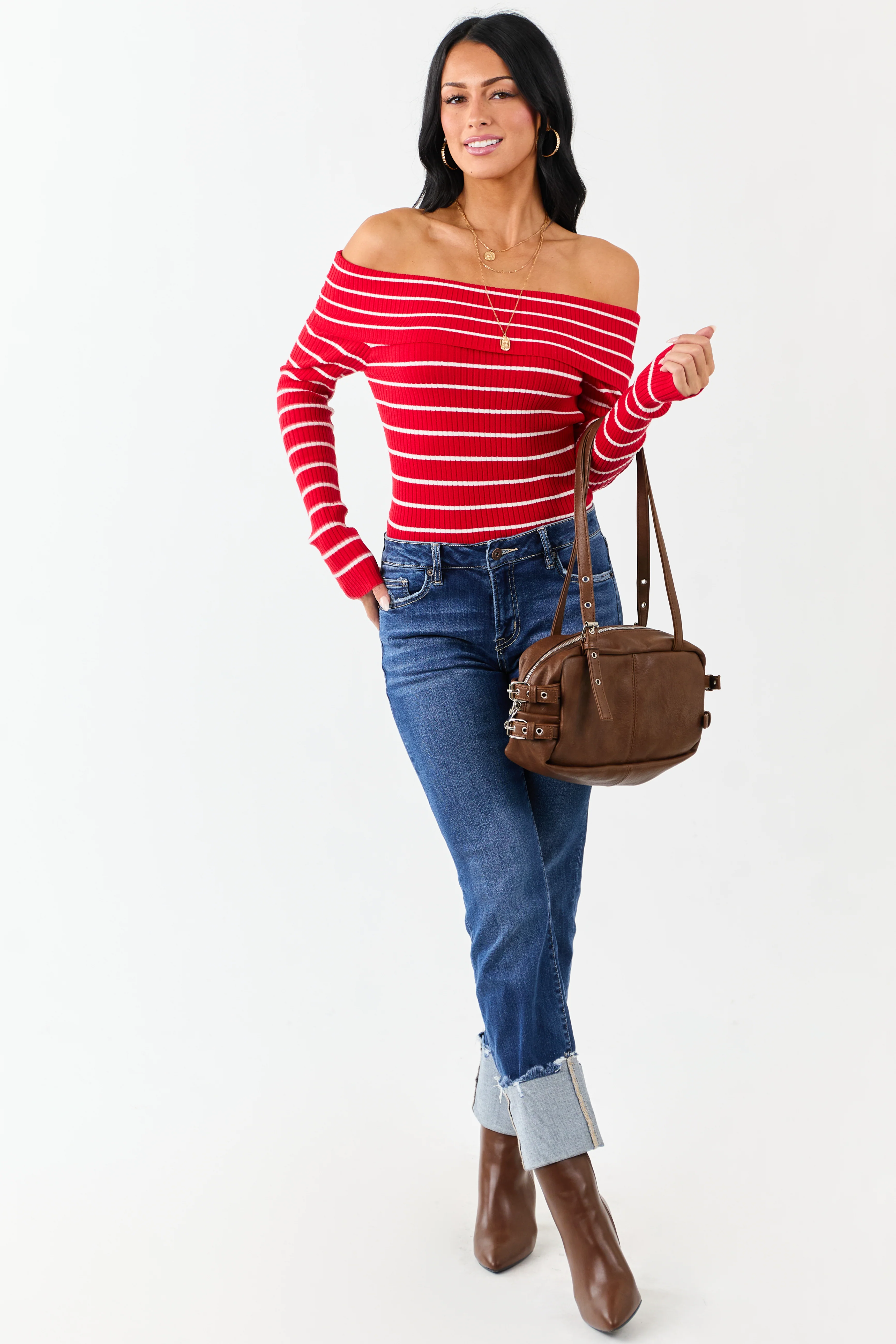 Lipstick Striped Off the Shoulder Fitted Knit Top - Image 4