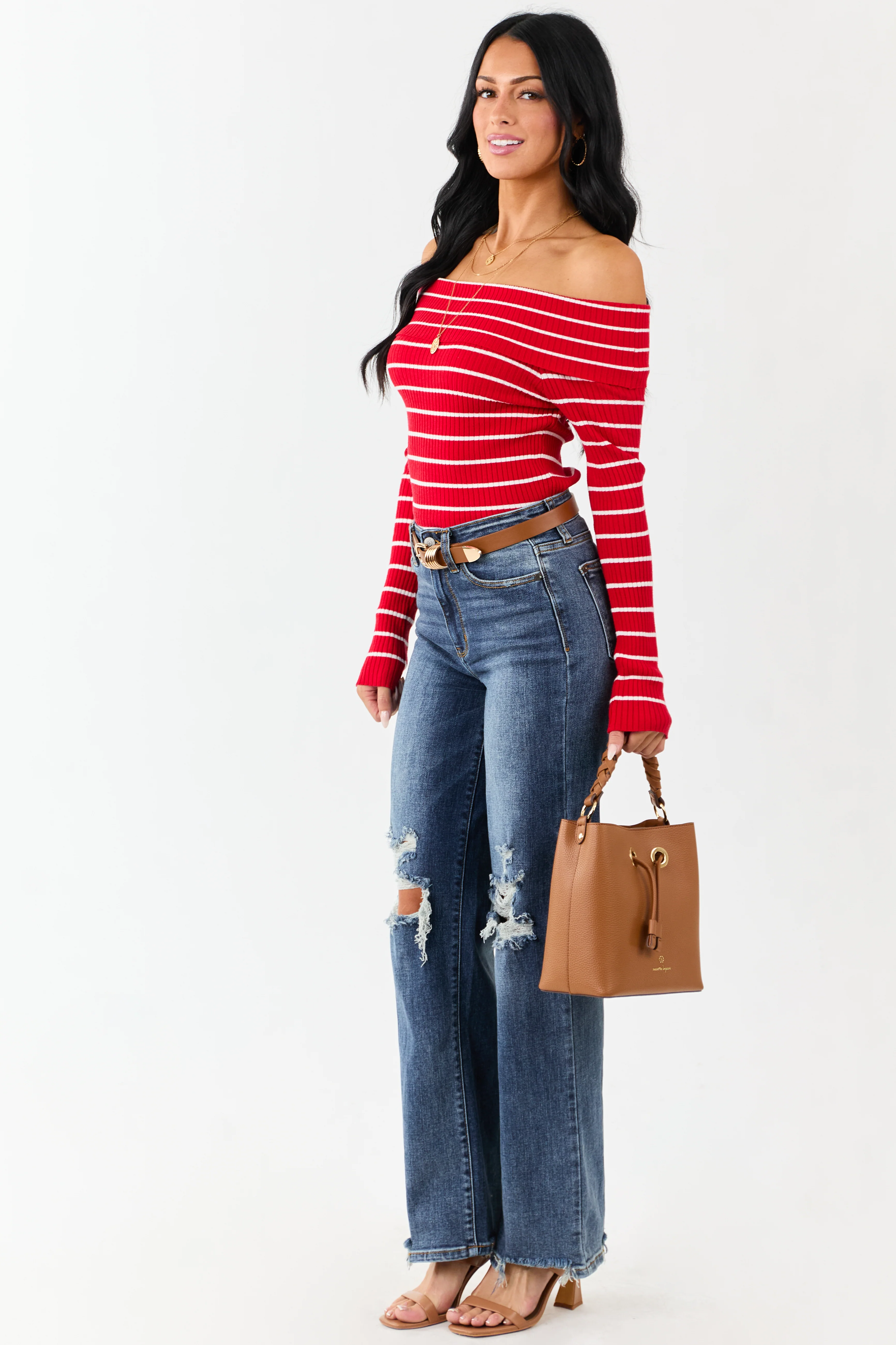 Lipstick Striped Off the Shoulder Fitted Knit Top - Image 5