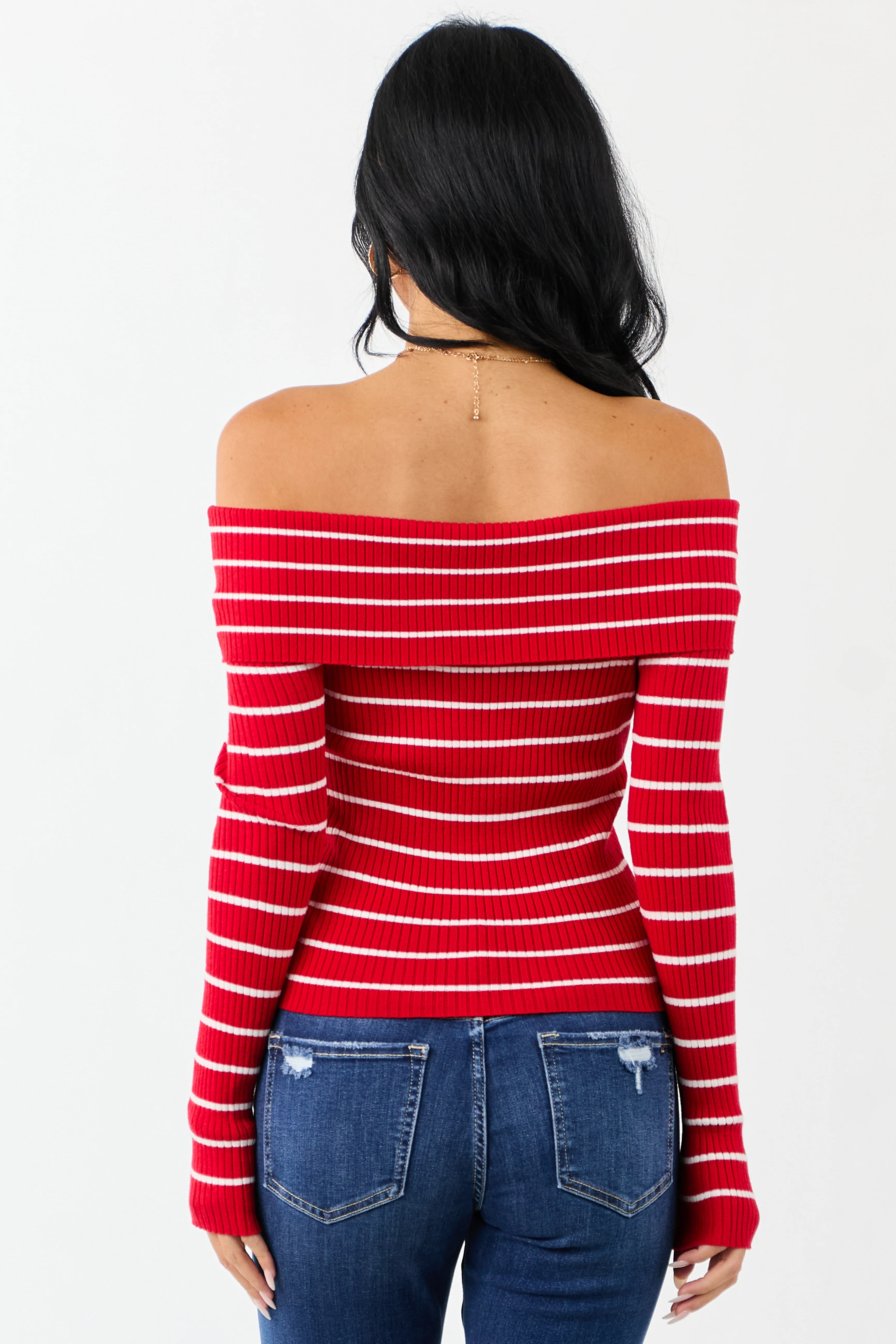 Lipstick Striped Off the Shoulder Fitted Knit Top - Image 7