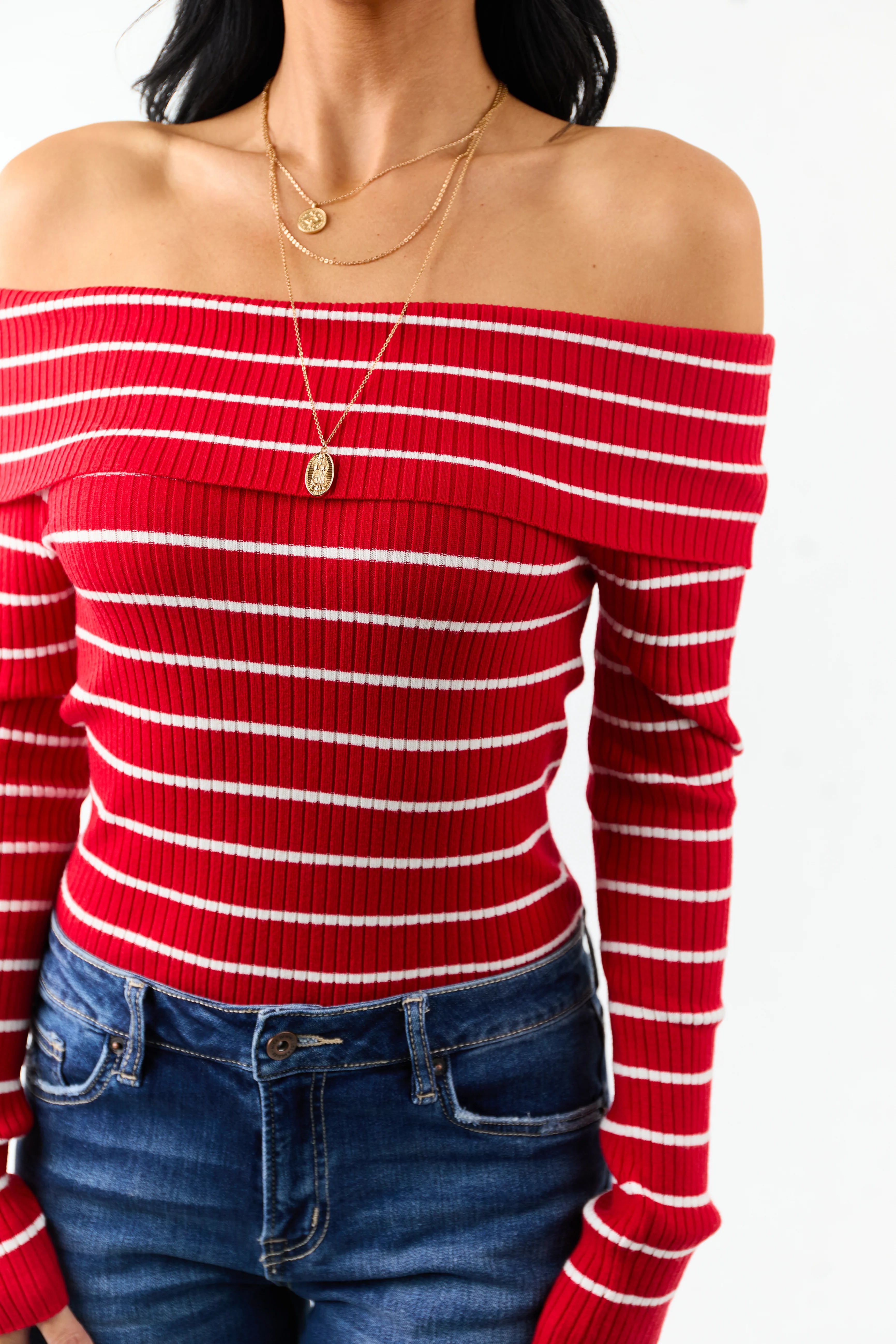 Lipstick Striped Off the Shoulder Fitted Knit Top - Image 8