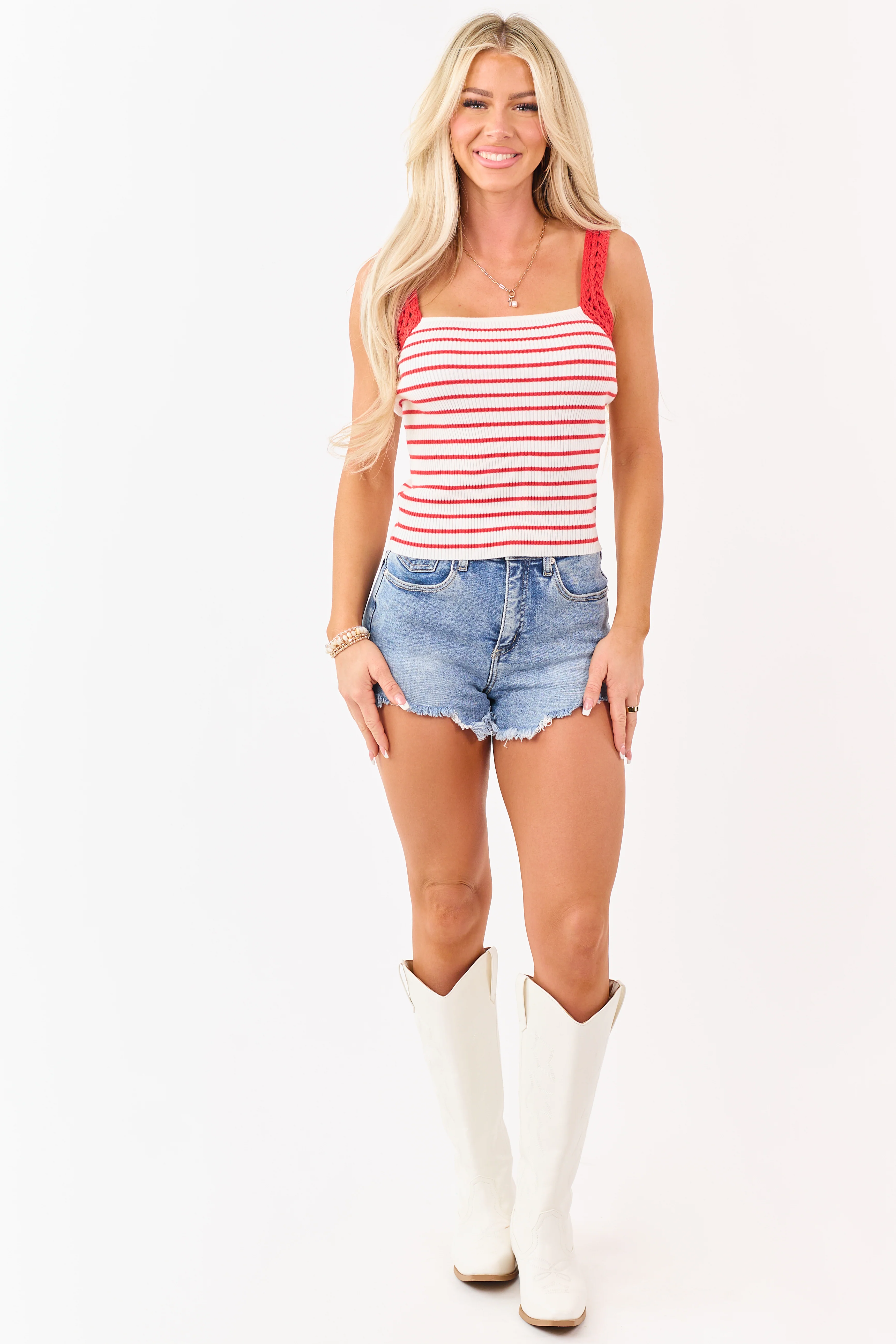 Lipstick Striped Rib Knit Crochet Strap Tank Top - Image 3