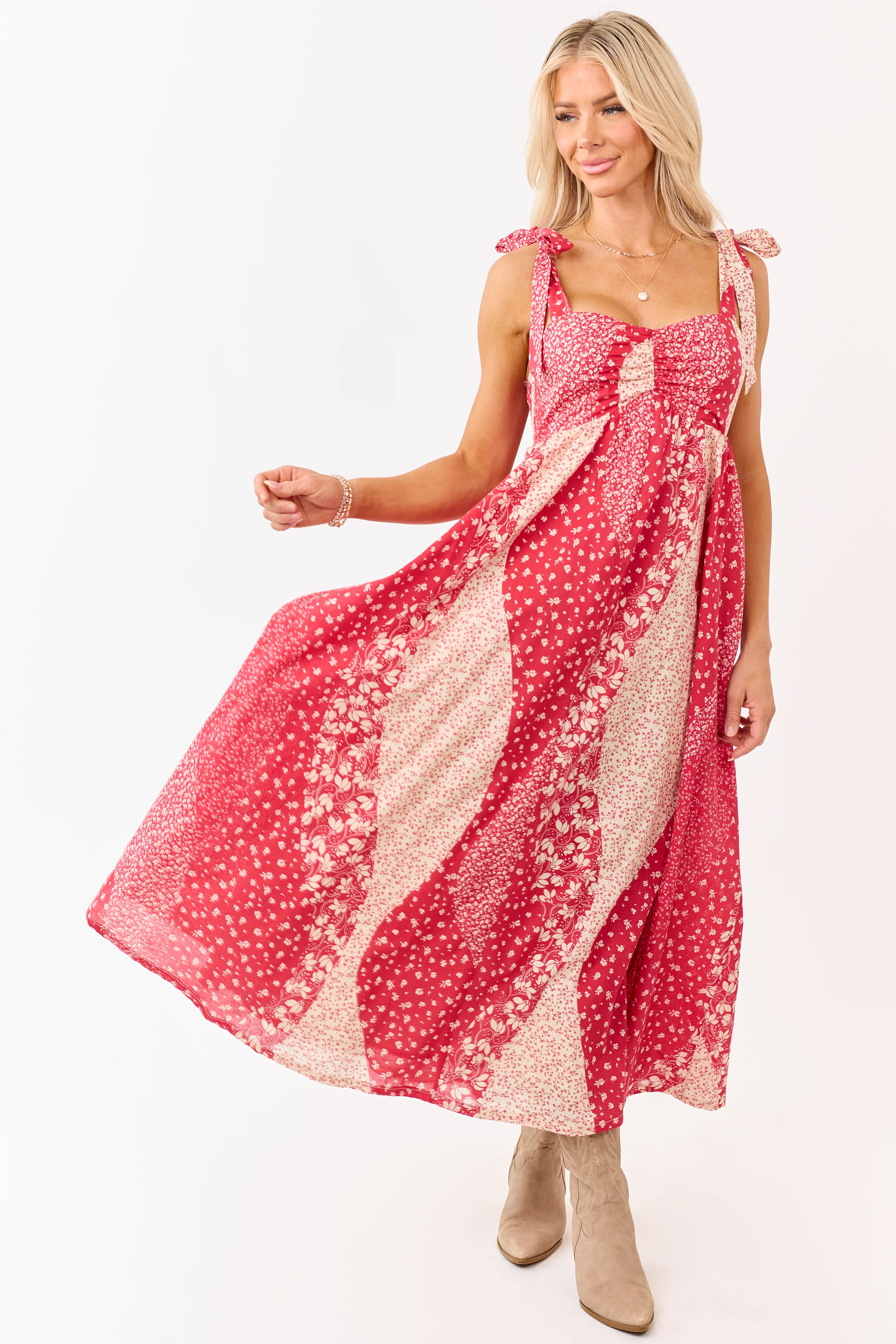 Listicle Crimson Floral Patchwork Cotton Midi Dress - Image 2