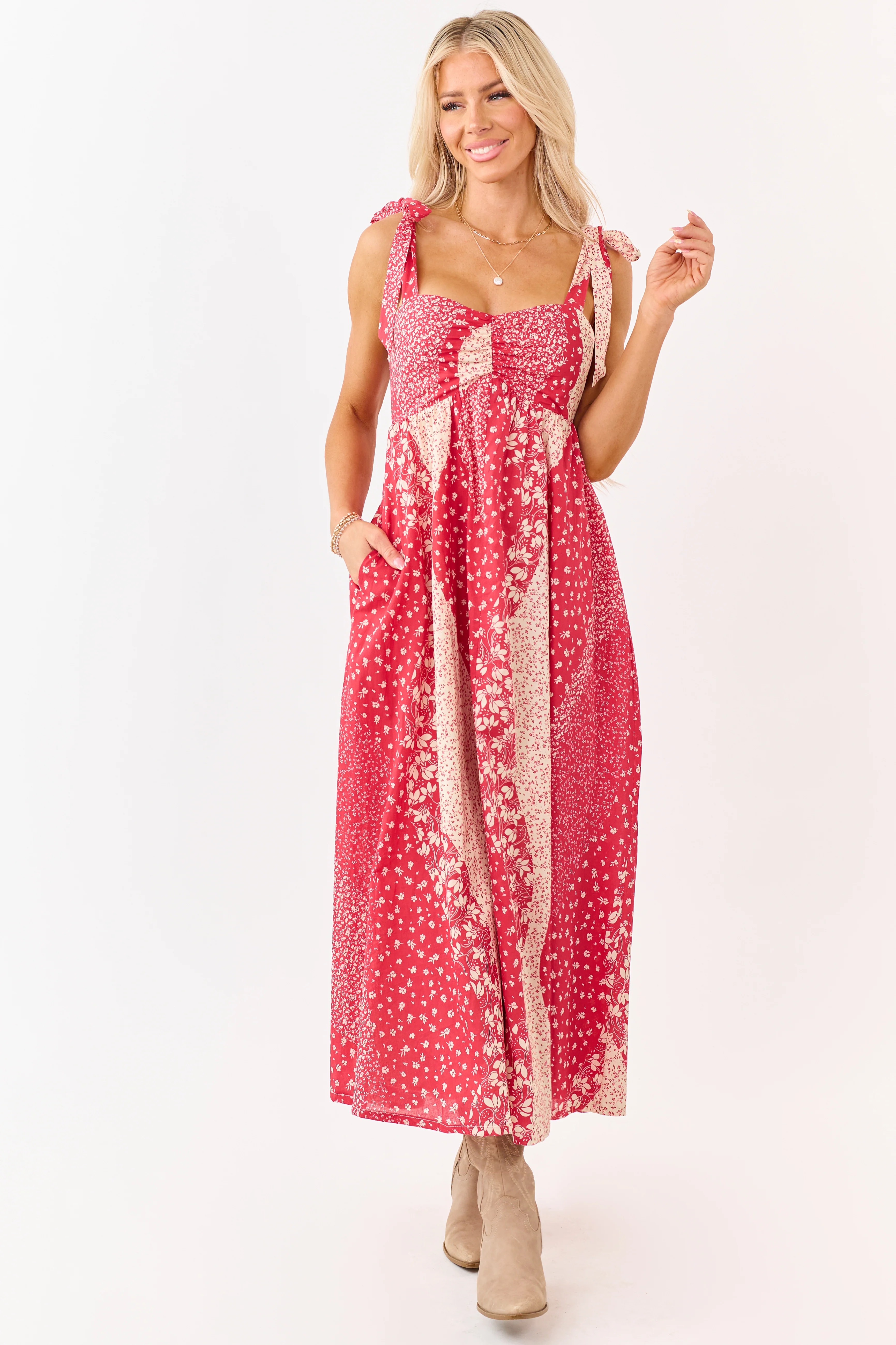 Listicle Crimson Floral Patchwork Cotton Midi Dress - Image 5