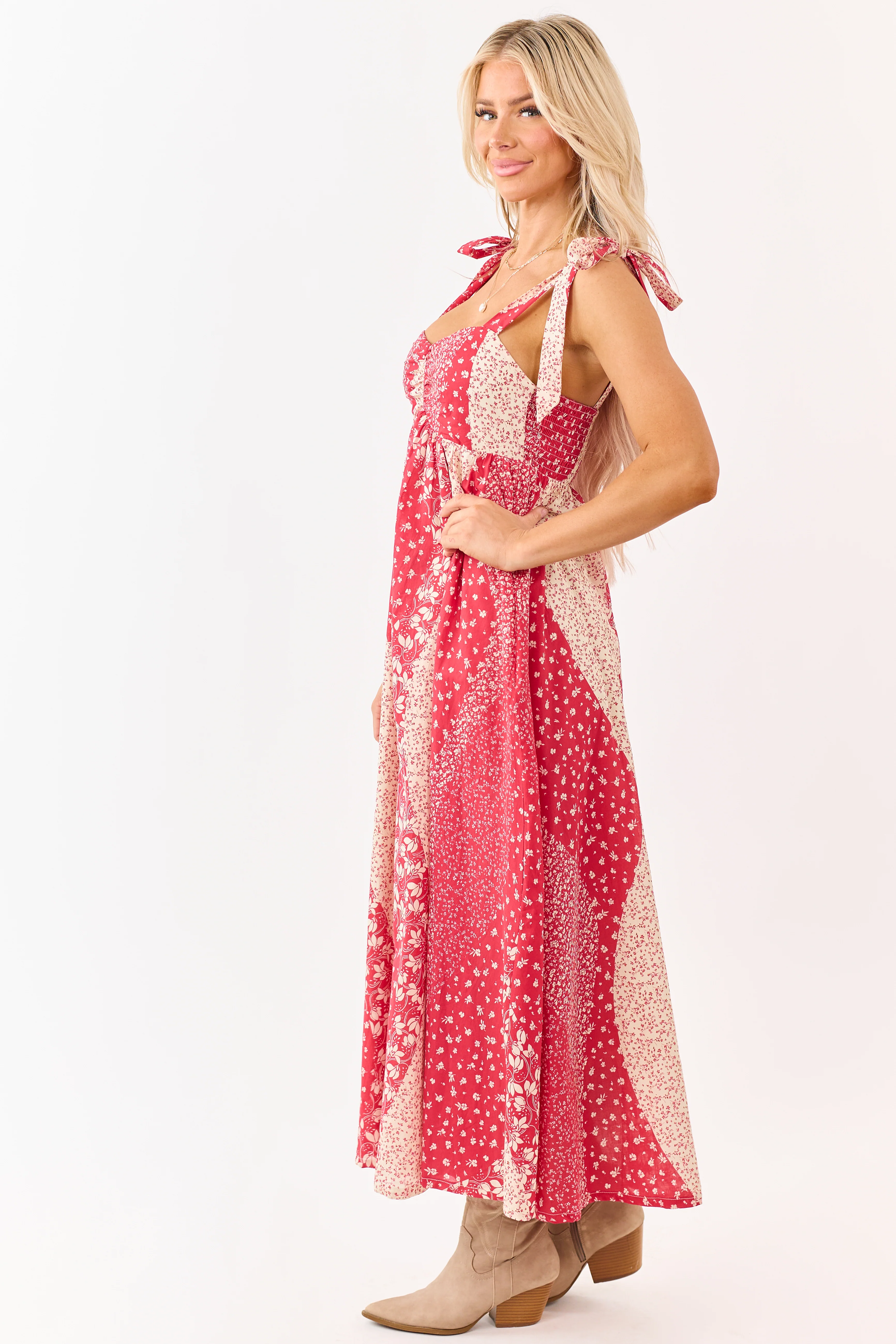 Listicle Crimson Floral Patchwork Cotton Midi Dress - Image 6