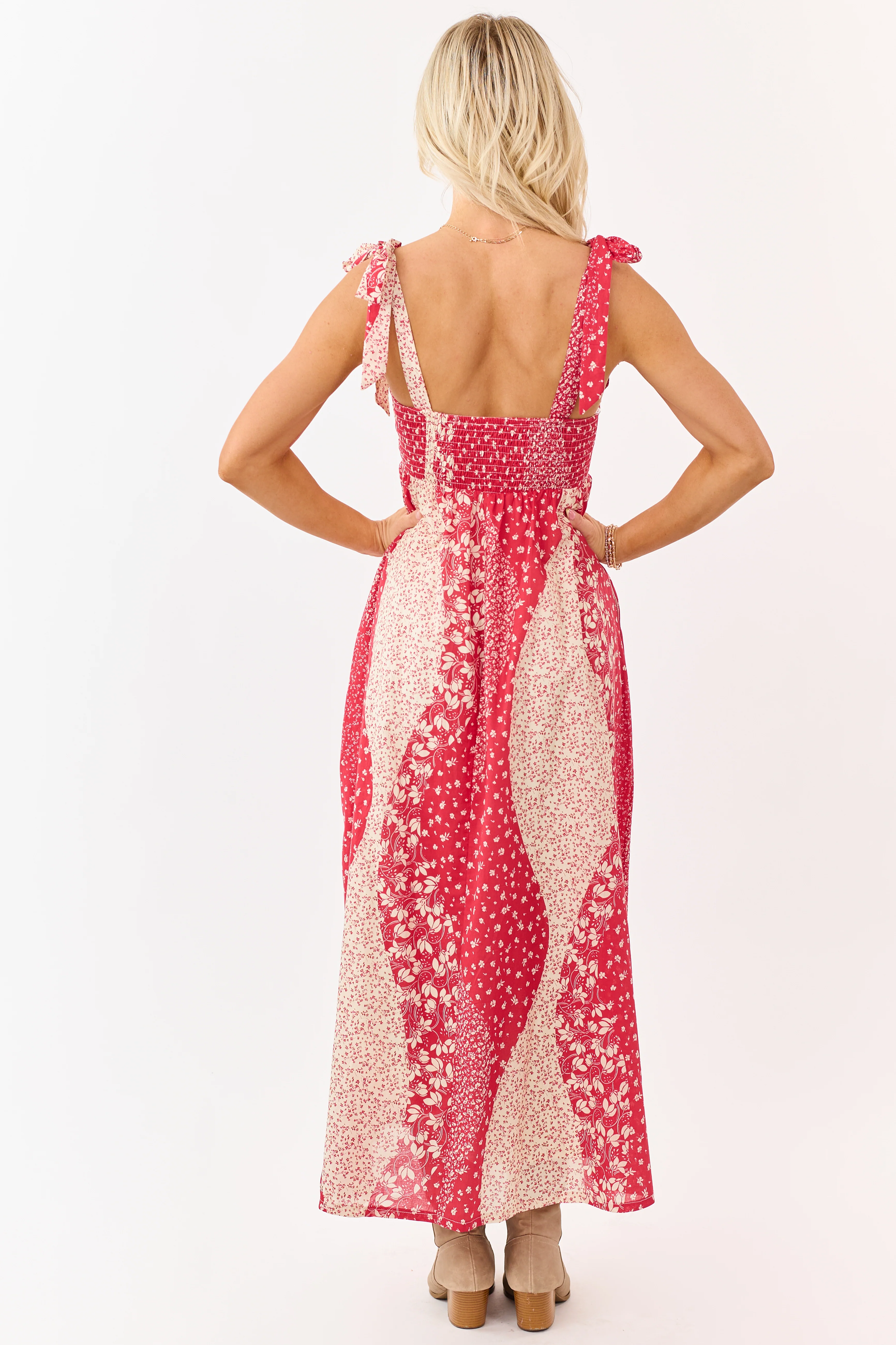 Listicle Crimson Floral Patchwork Cotton Midi Dress - Image 7