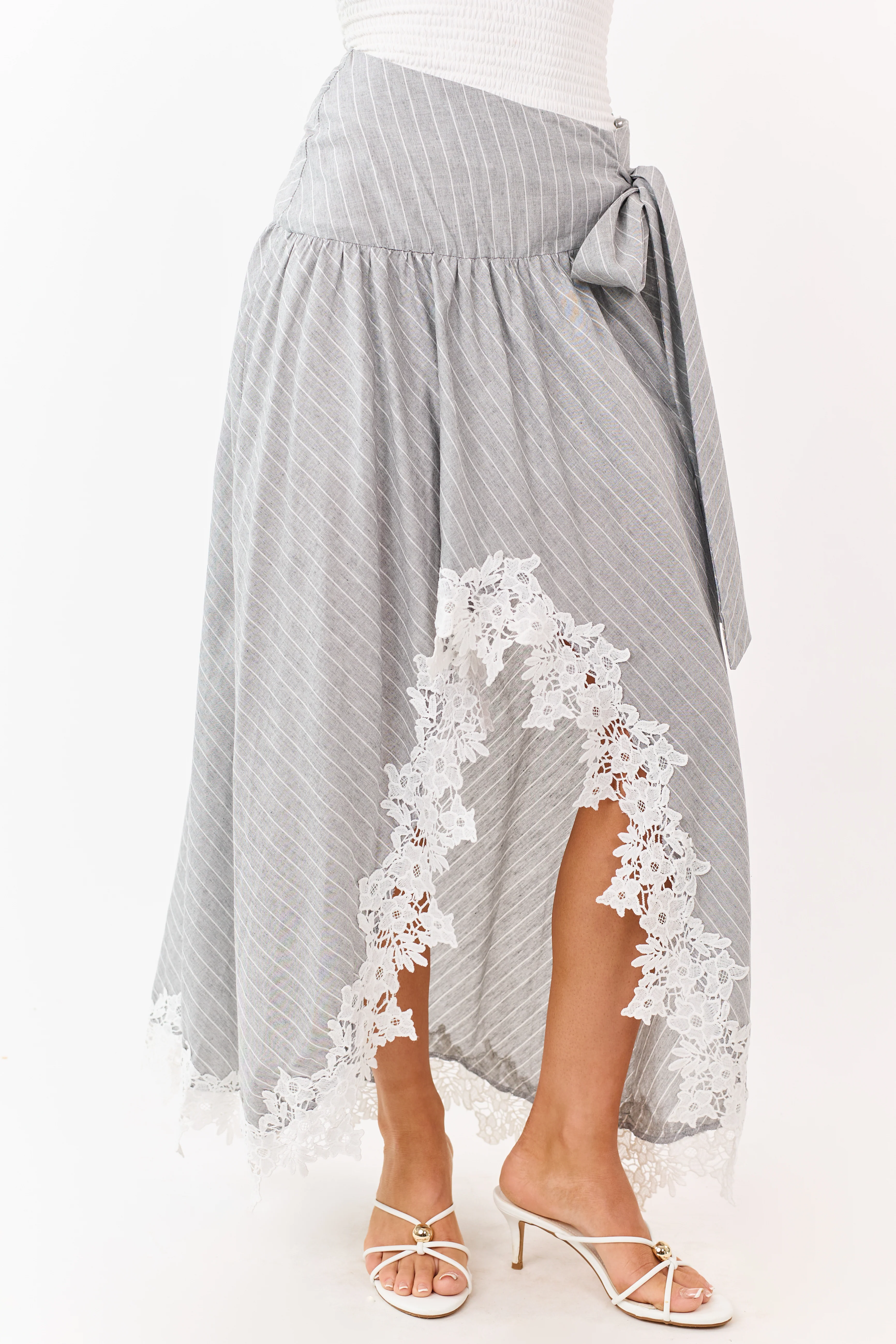 Listicle Heather Grey Striped Lace Trim Cotton Maxi Skirt - Image 2