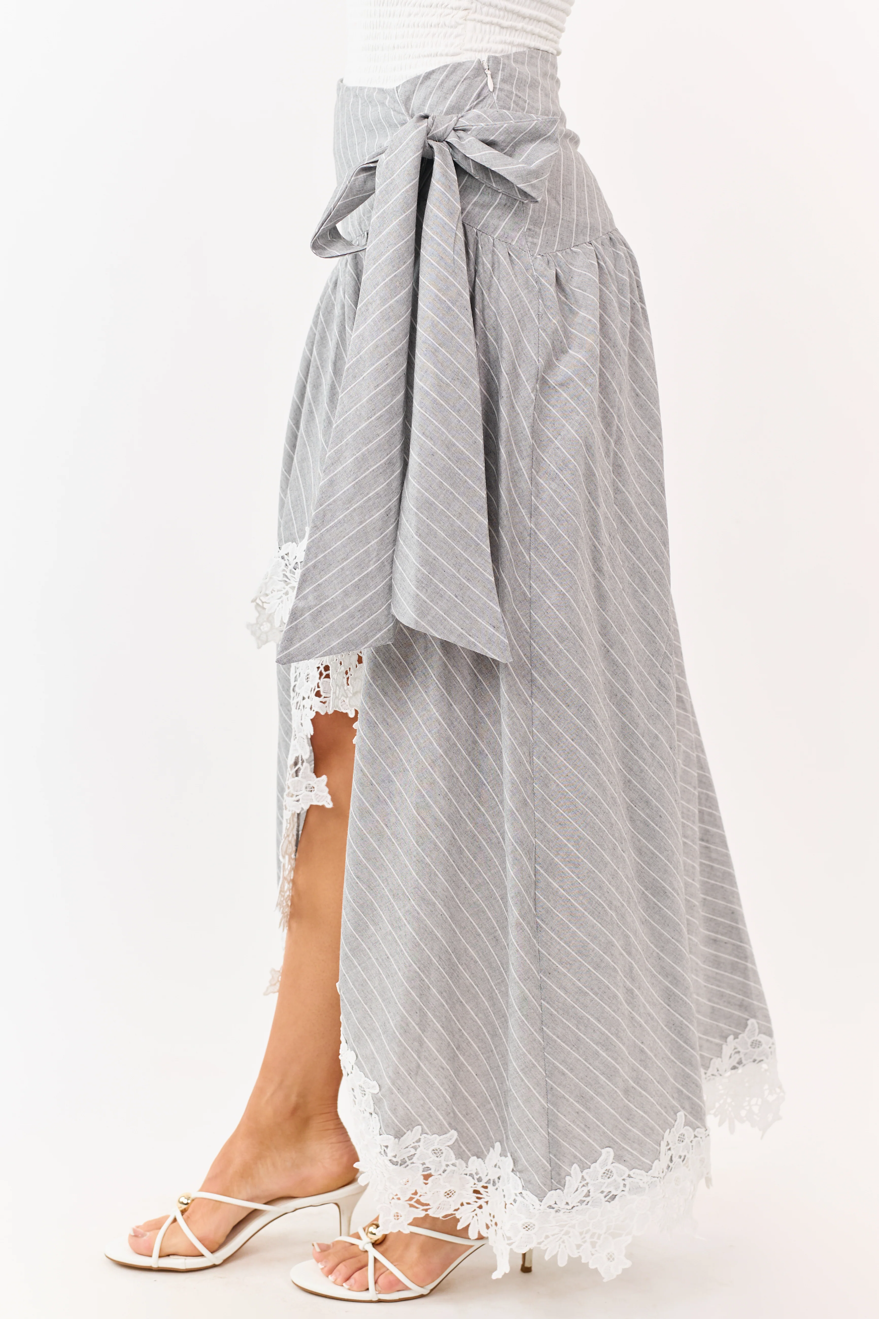 Listicle Heather Grey Striped Lace Trim Cotton Maxi Skirt - Image 3