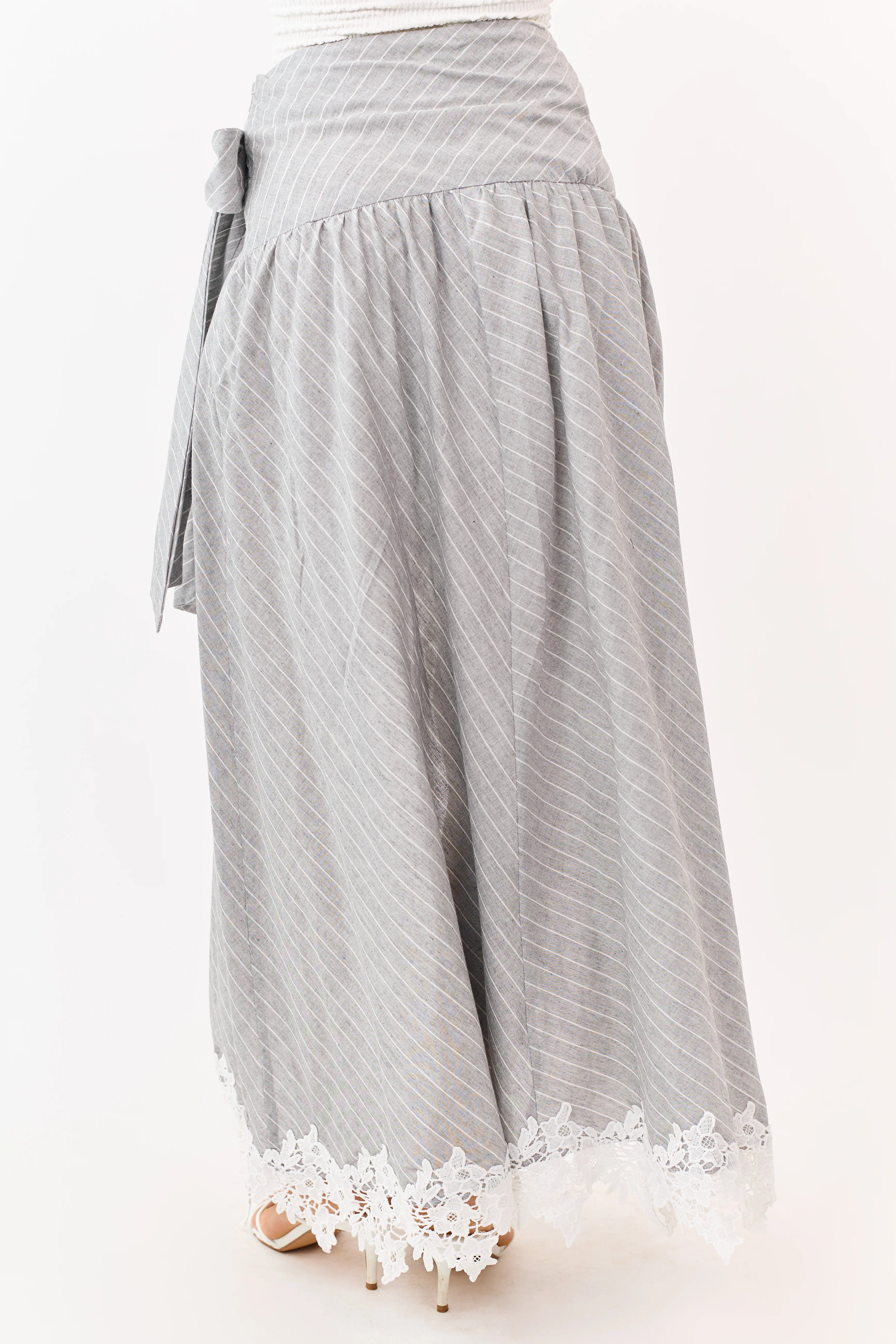 Listicle Heather Grey Striped Lace Trim Cotton Maxi Skirt - Image 4