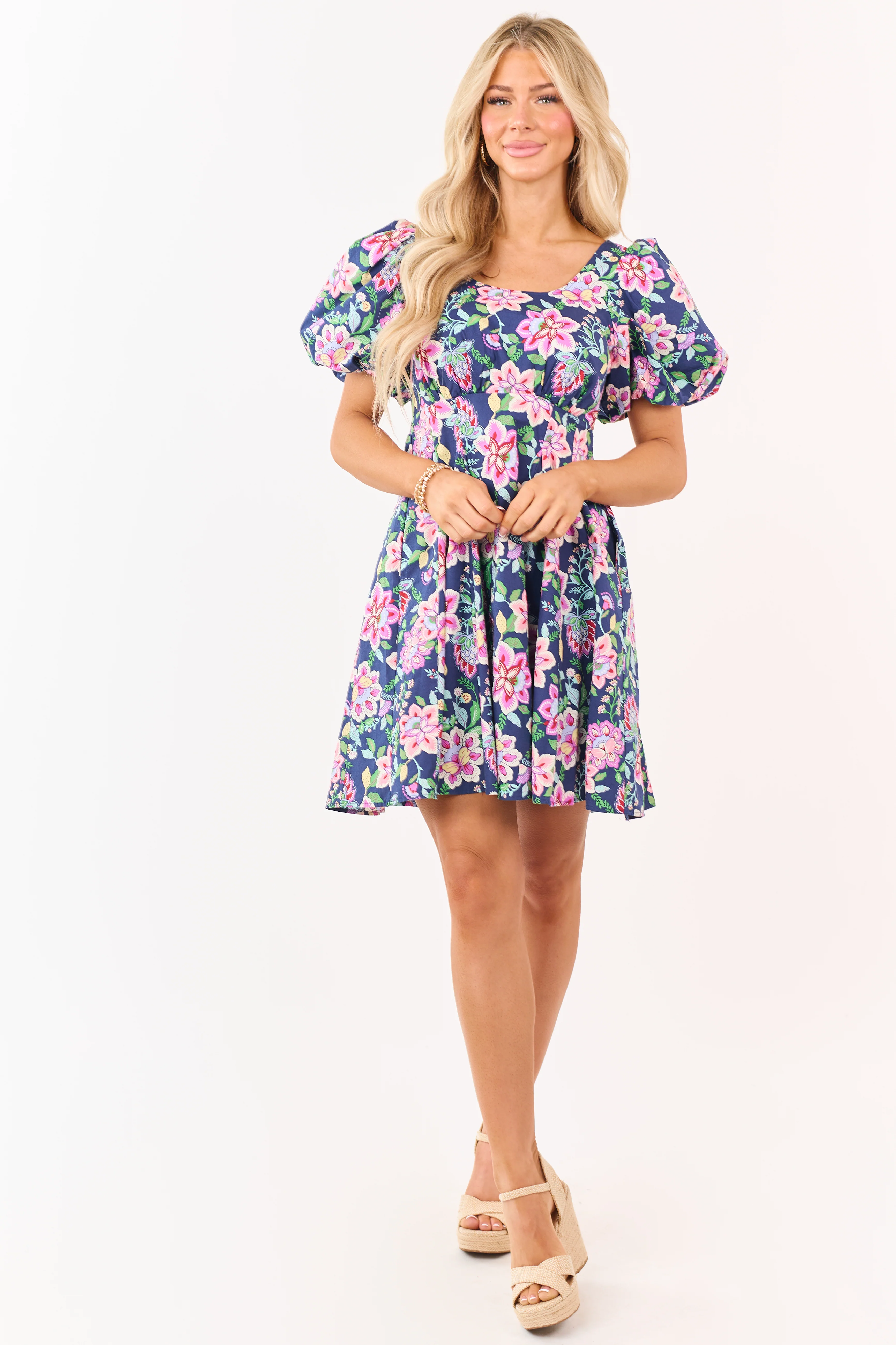 Listicle Navy Floral Print Puff Sleeve Cotton Mini Dress - Image 2