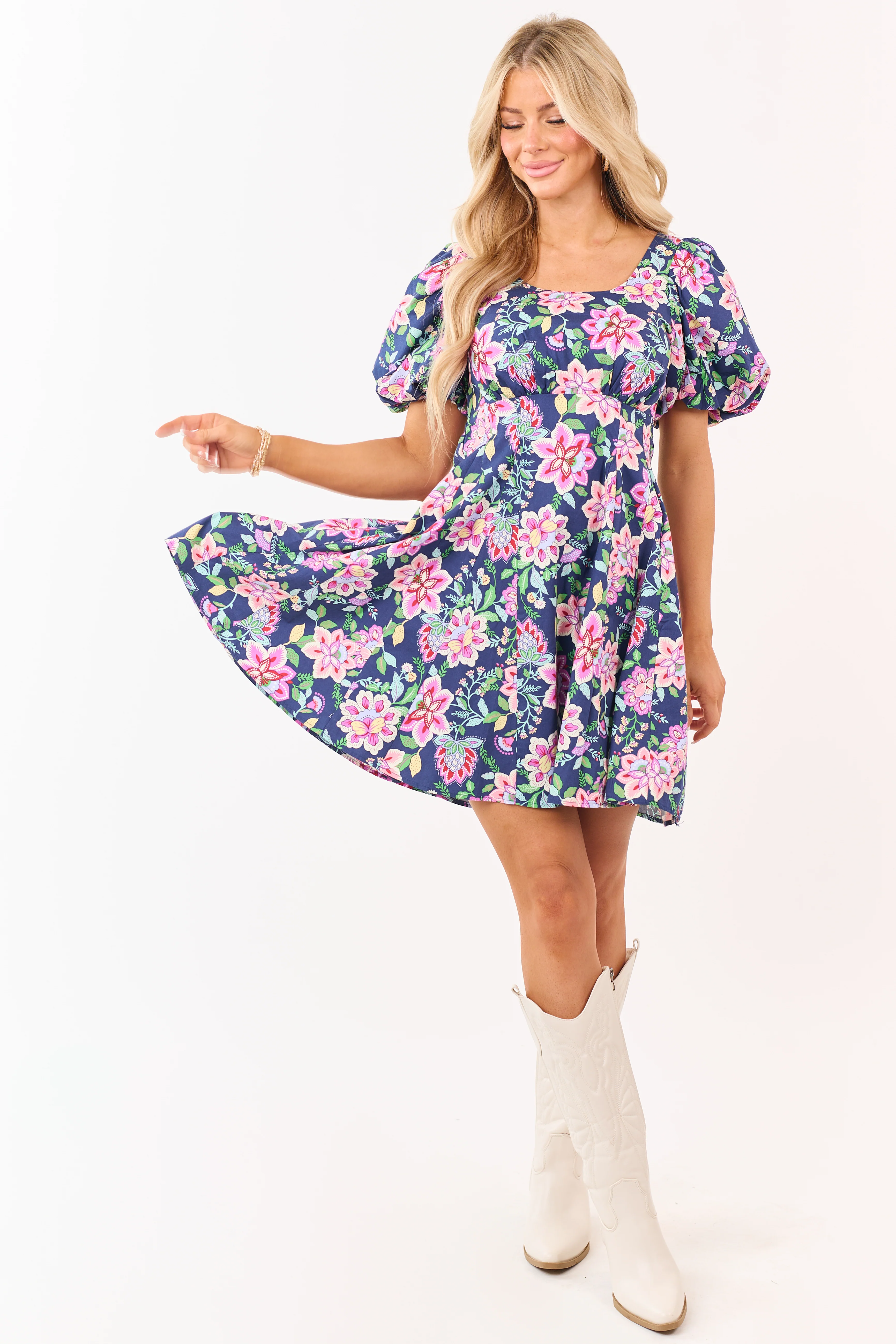 Listicle Navy Floral Print Puff Sleeve Cotton Mini Dress - Image 3