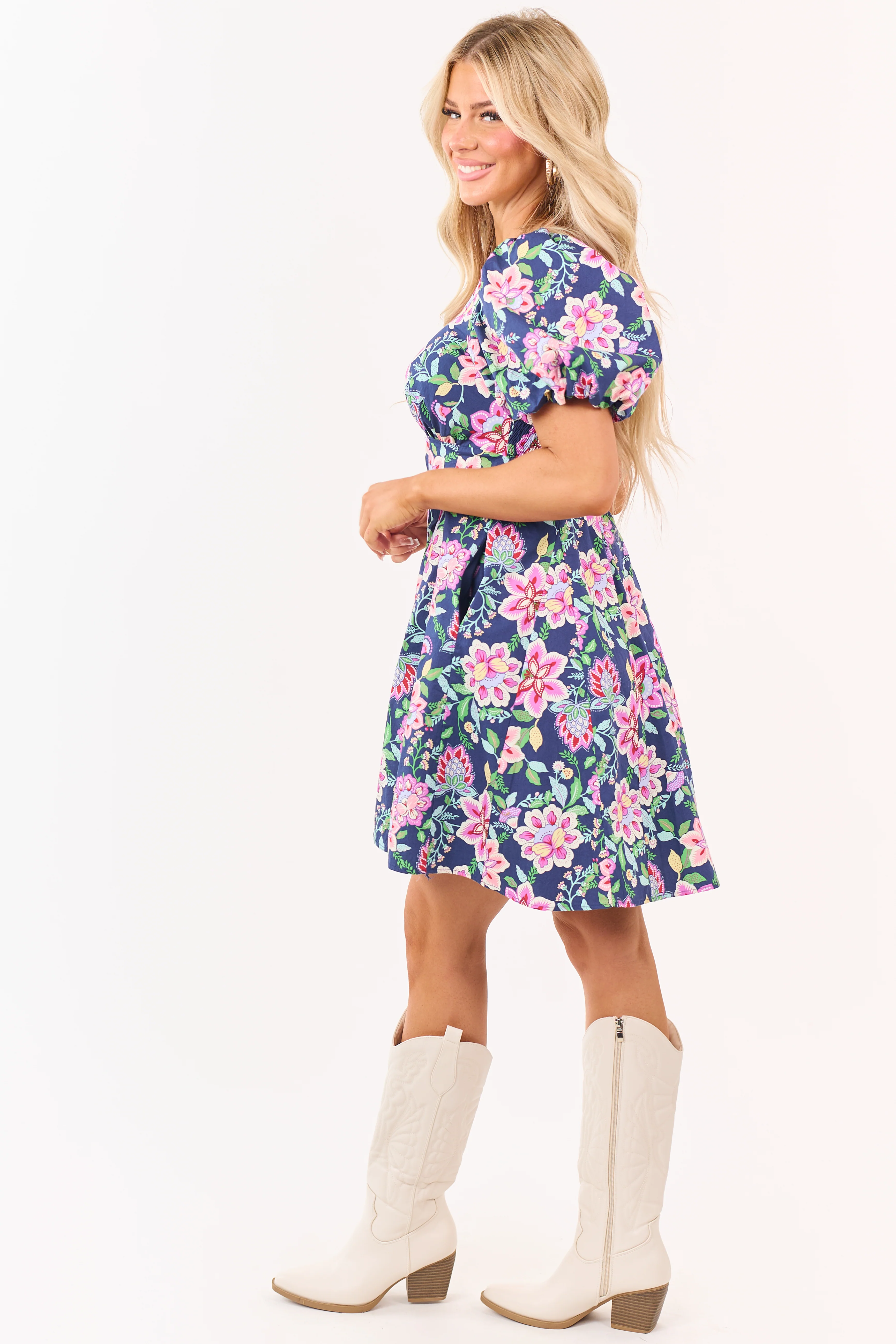 Listicle Navy Floral Print Puff Sleeve Cotton Mini Dress - Image 4