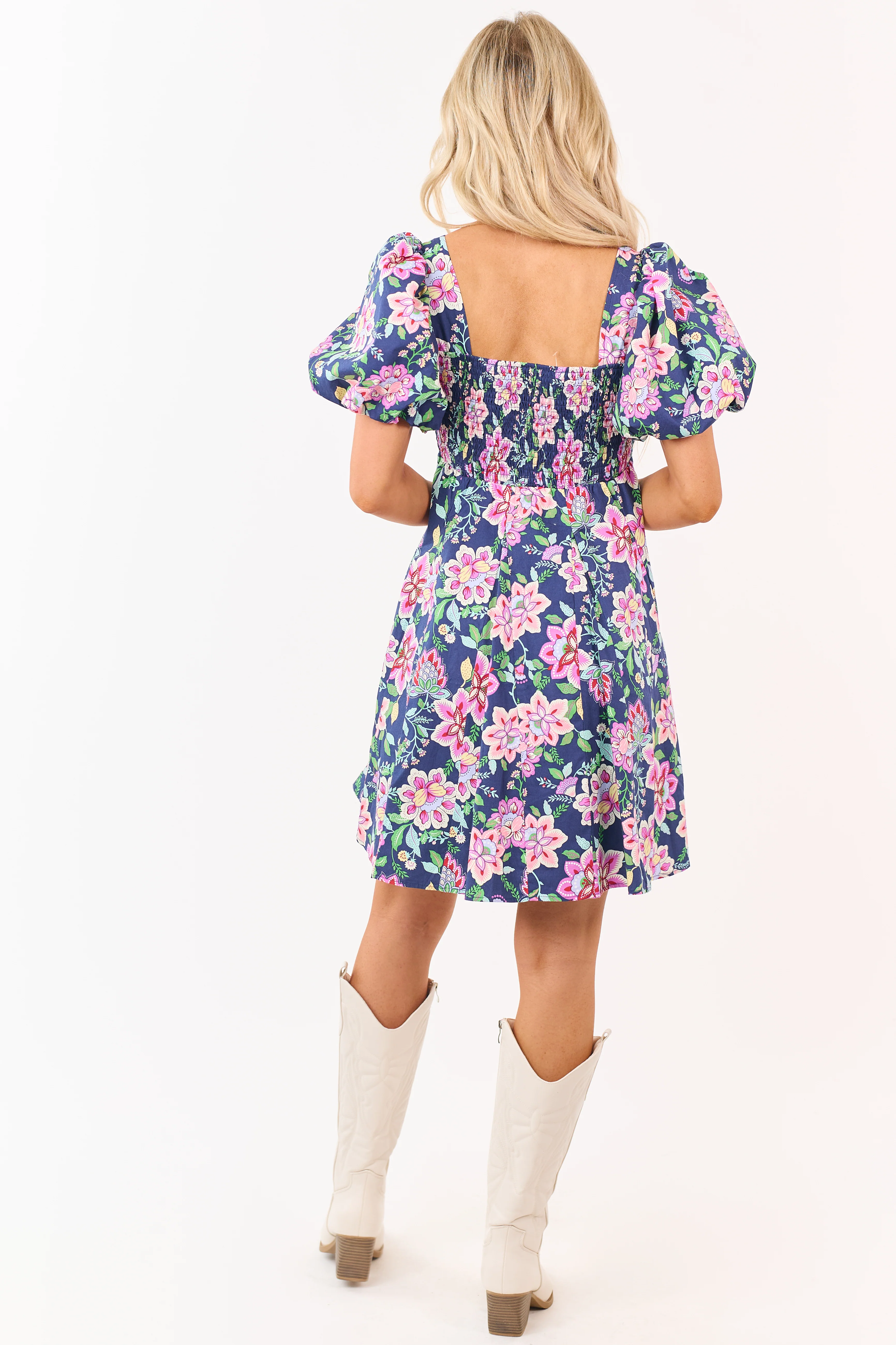 Listicle Navy Floral Print Puff Sleeve Cotton Mini Dress - Image 5