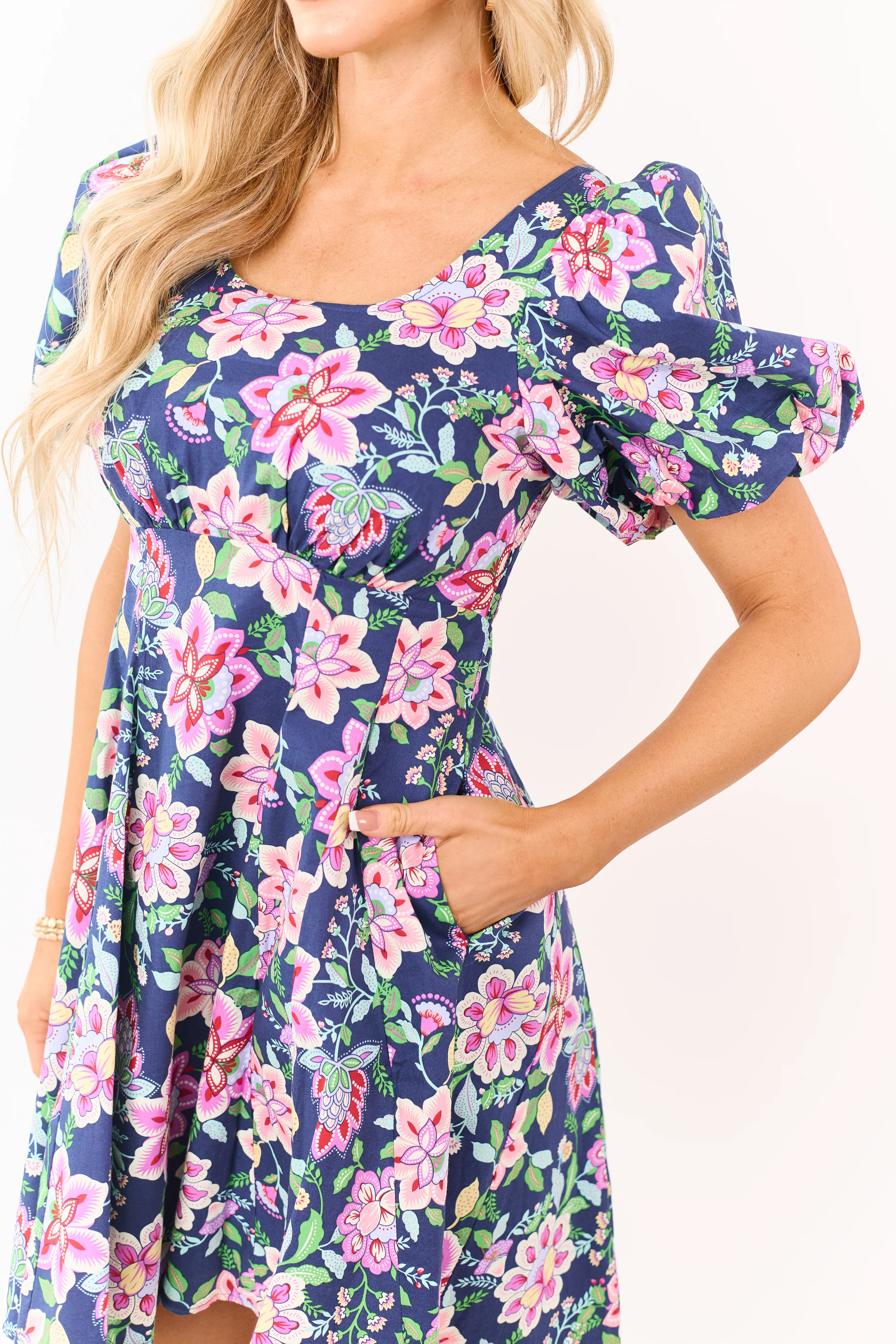 Listicle Navy Floral Print Puff Sleeve Cotton Mini Dress - Image 6