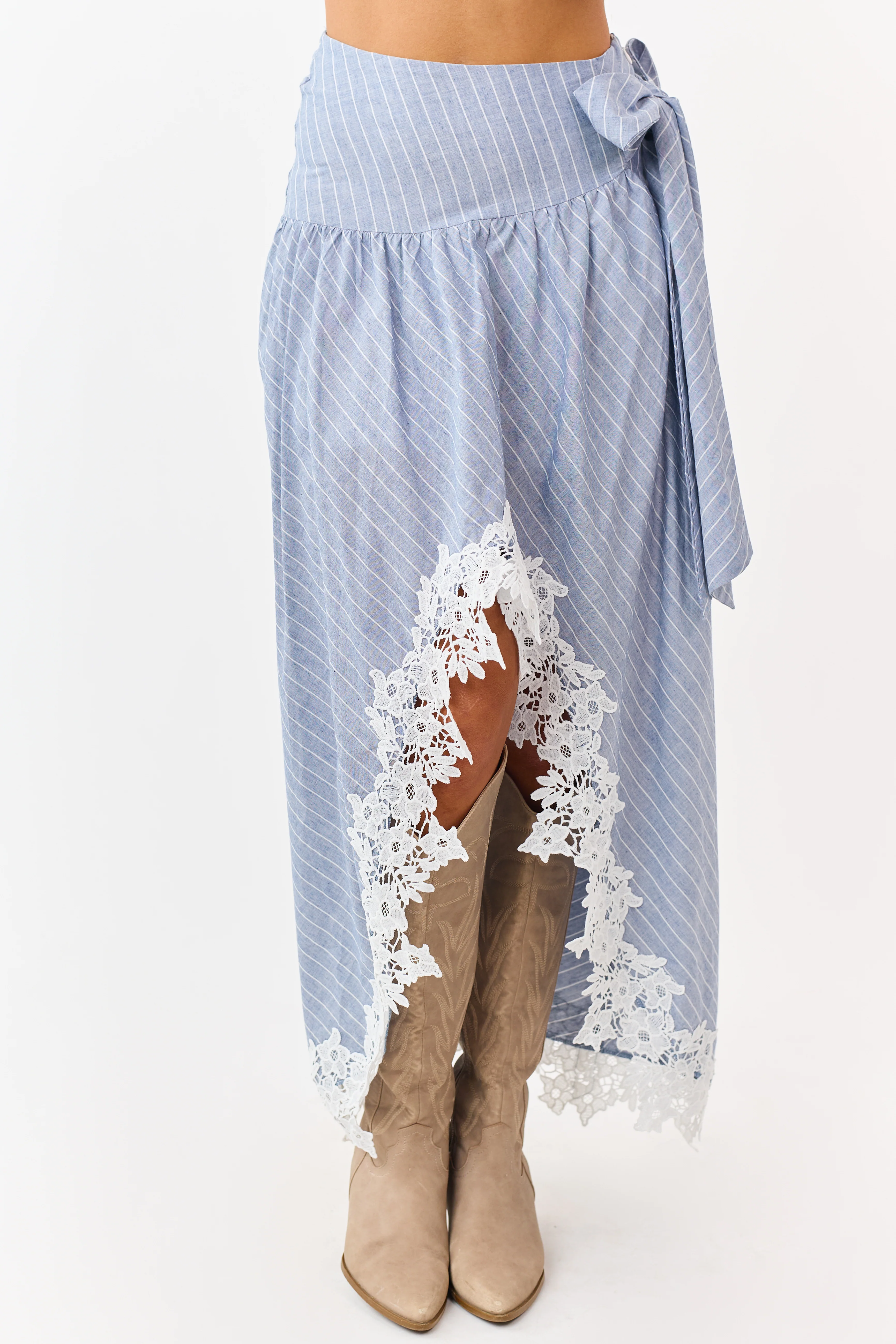 Listicle Slate Blue Striped Lace Trim Cotton Maxi Skirt - Image 2