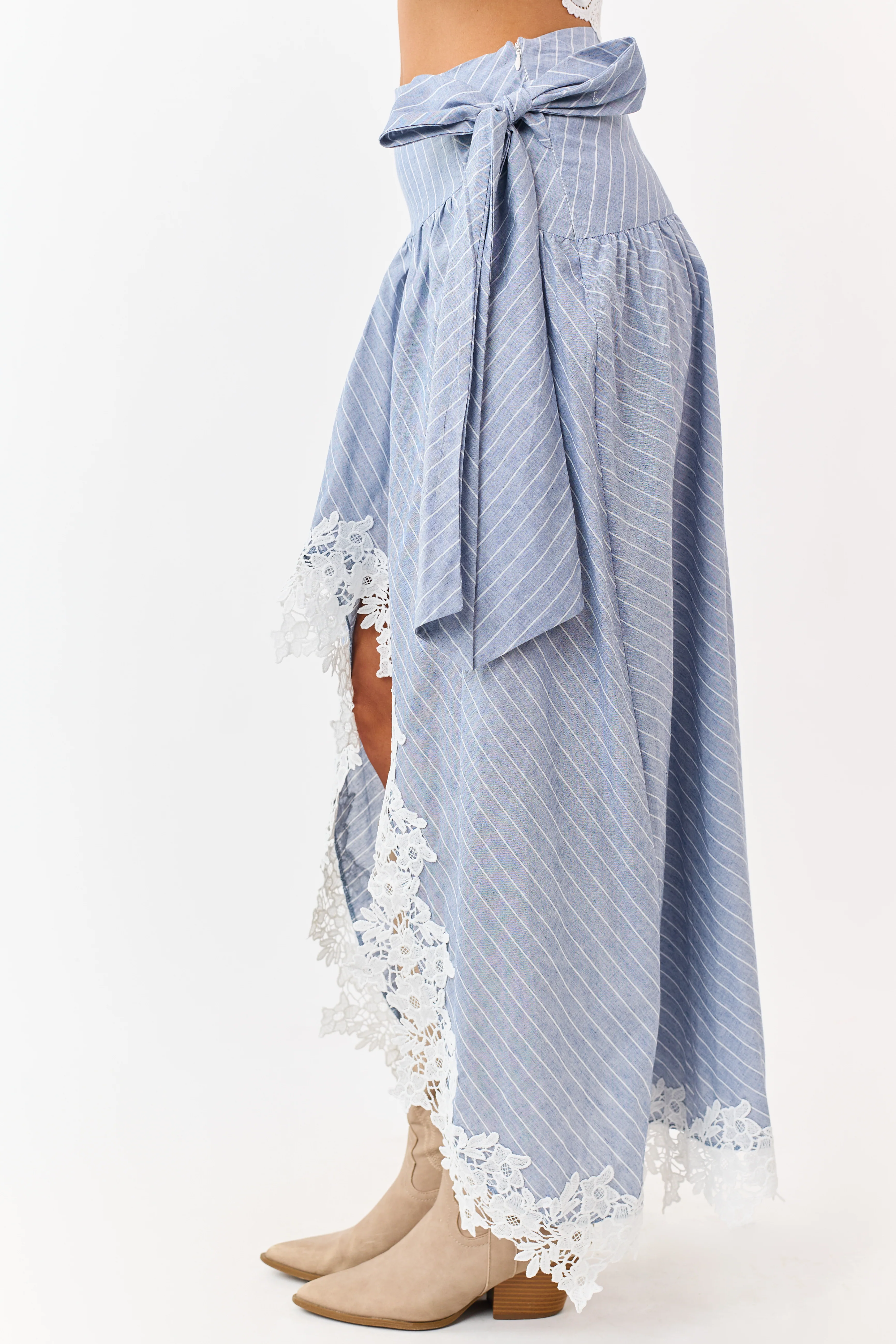 Listicle Slate Blue Striped Lace Trim Cotton Maxi Skirt - Image 3