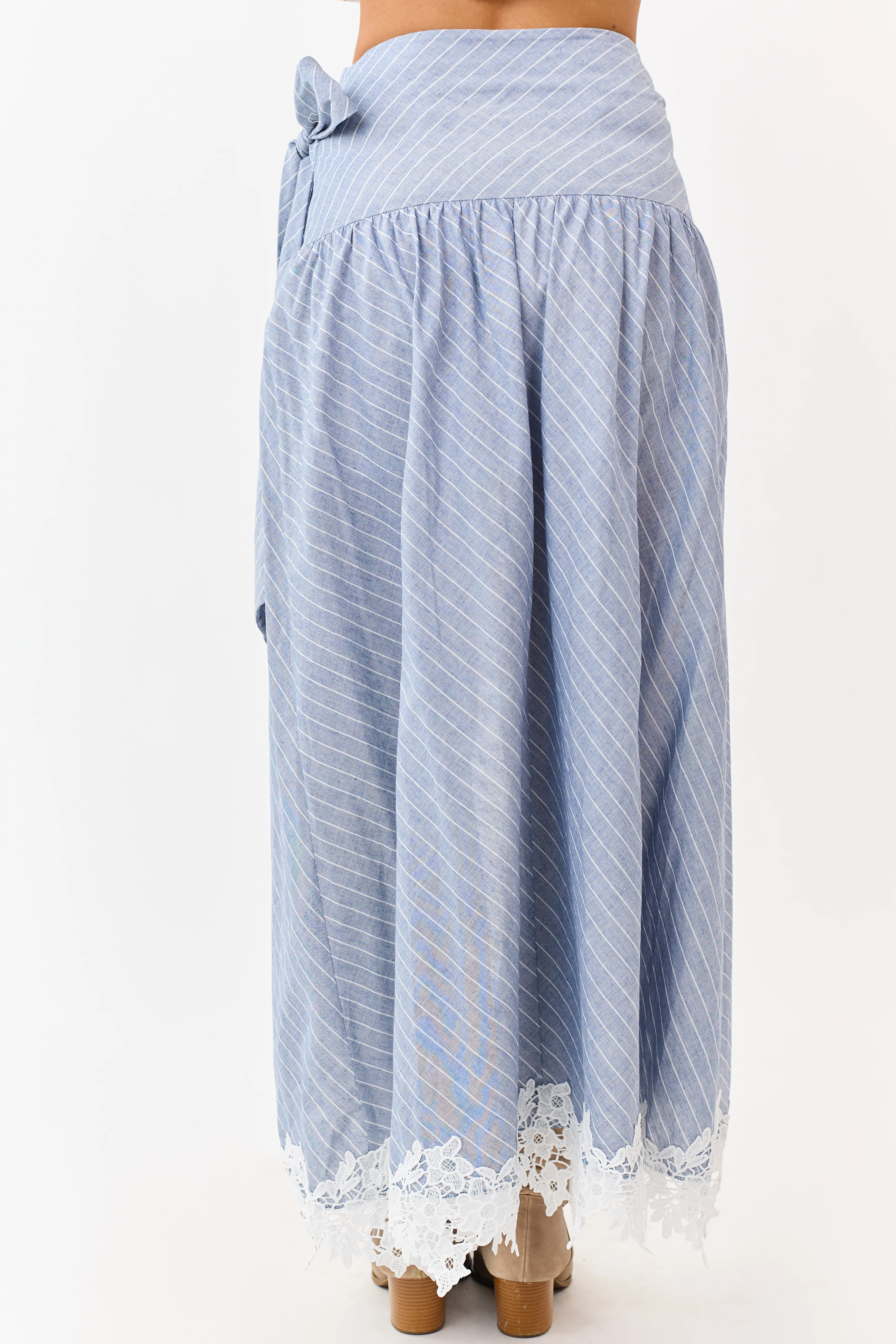 Listicle Slate Blue Striped Lace Trim Cotton Maxi Skirt - Image 4
