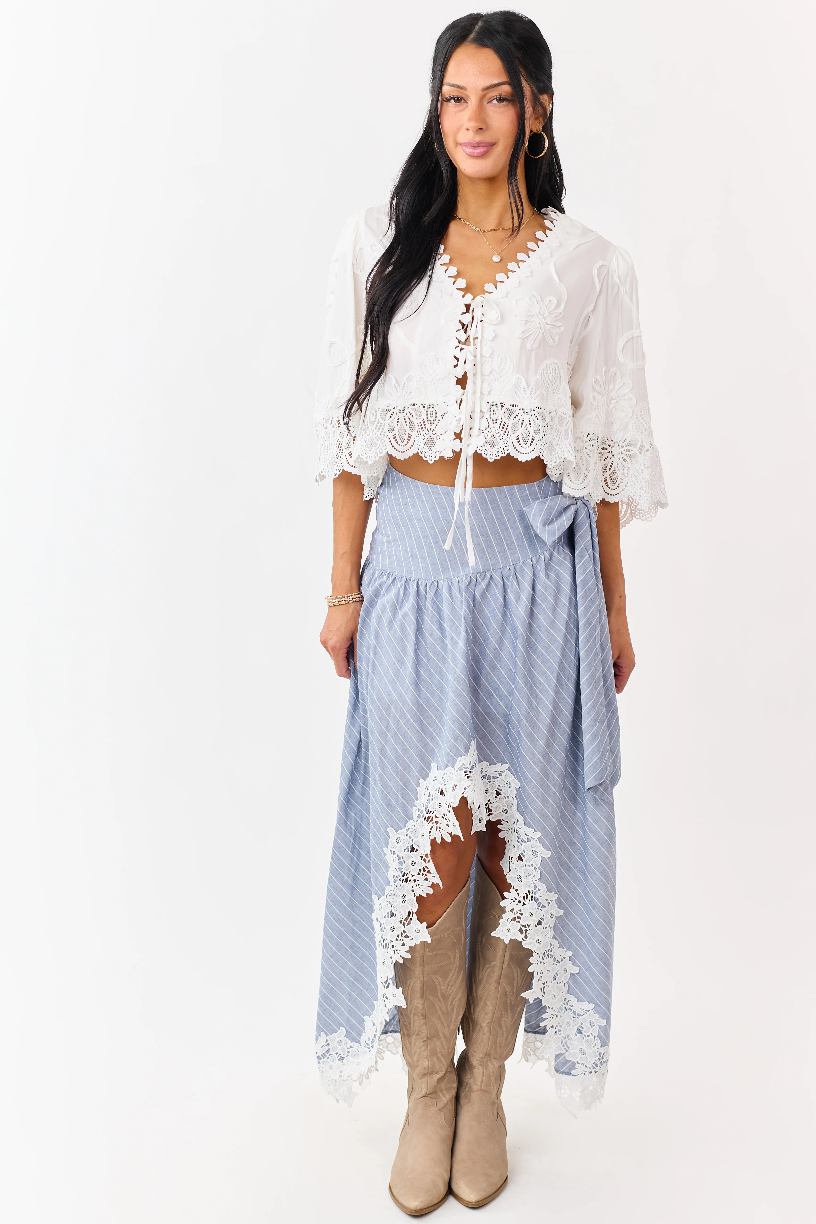 Listicle Slate Blue Striped Lace Trim Cotton Maxi Skirt - Image 5