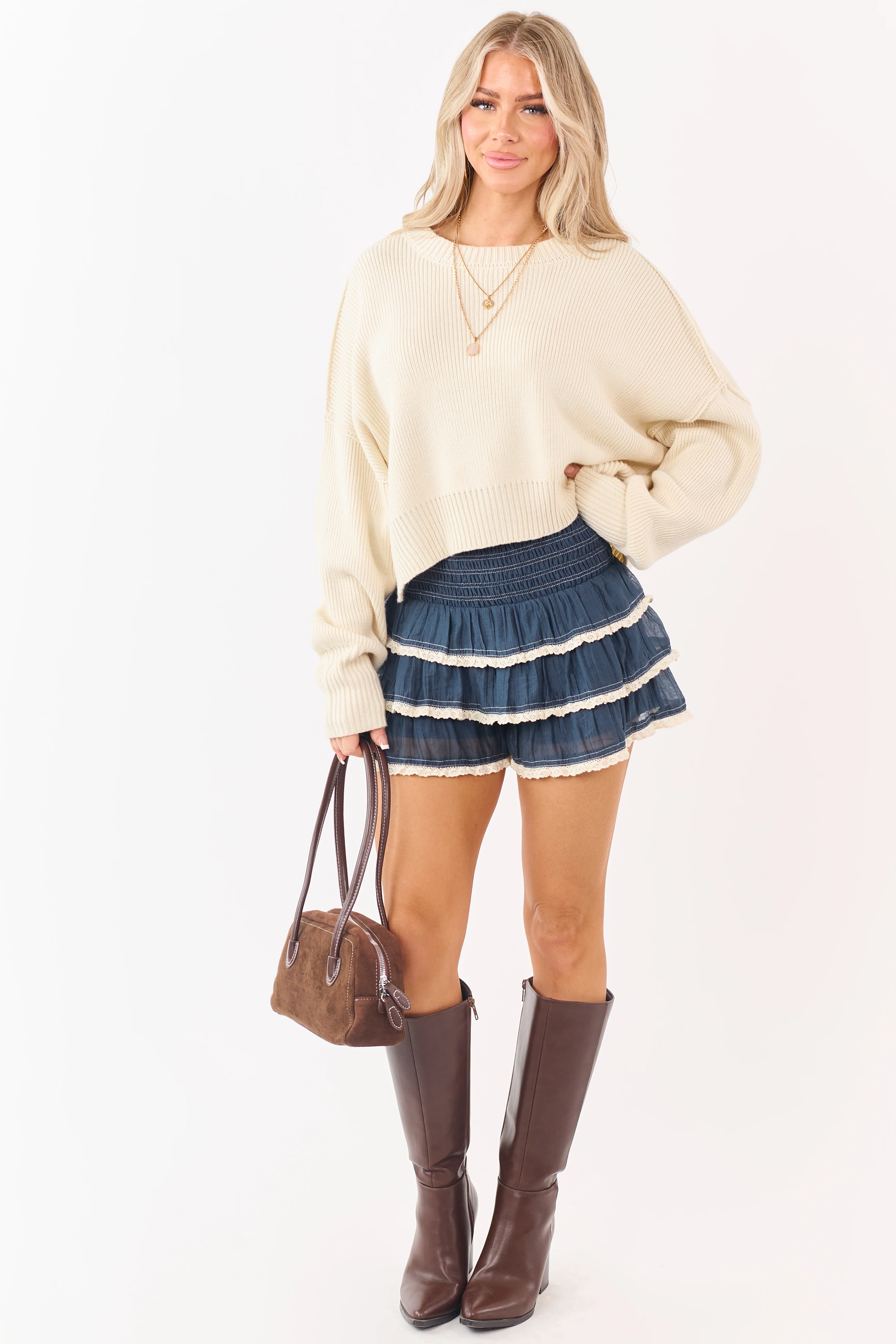 Listicle Steel Blue Smocked Lace Trim Ruffle Skort - Image 5