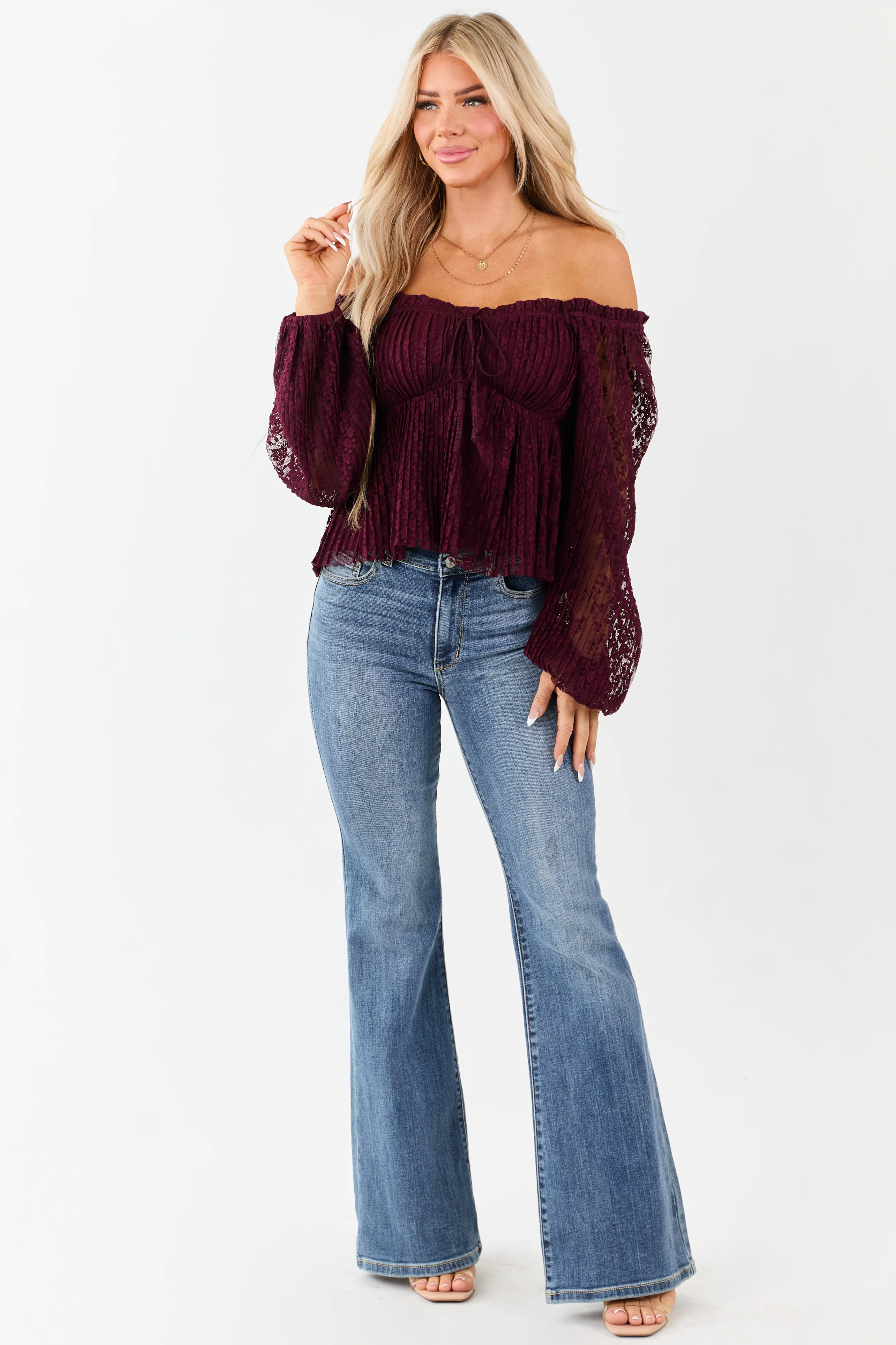 Listicle Wine Floral Lace Long Sleeve Babydoll Top - Image 4