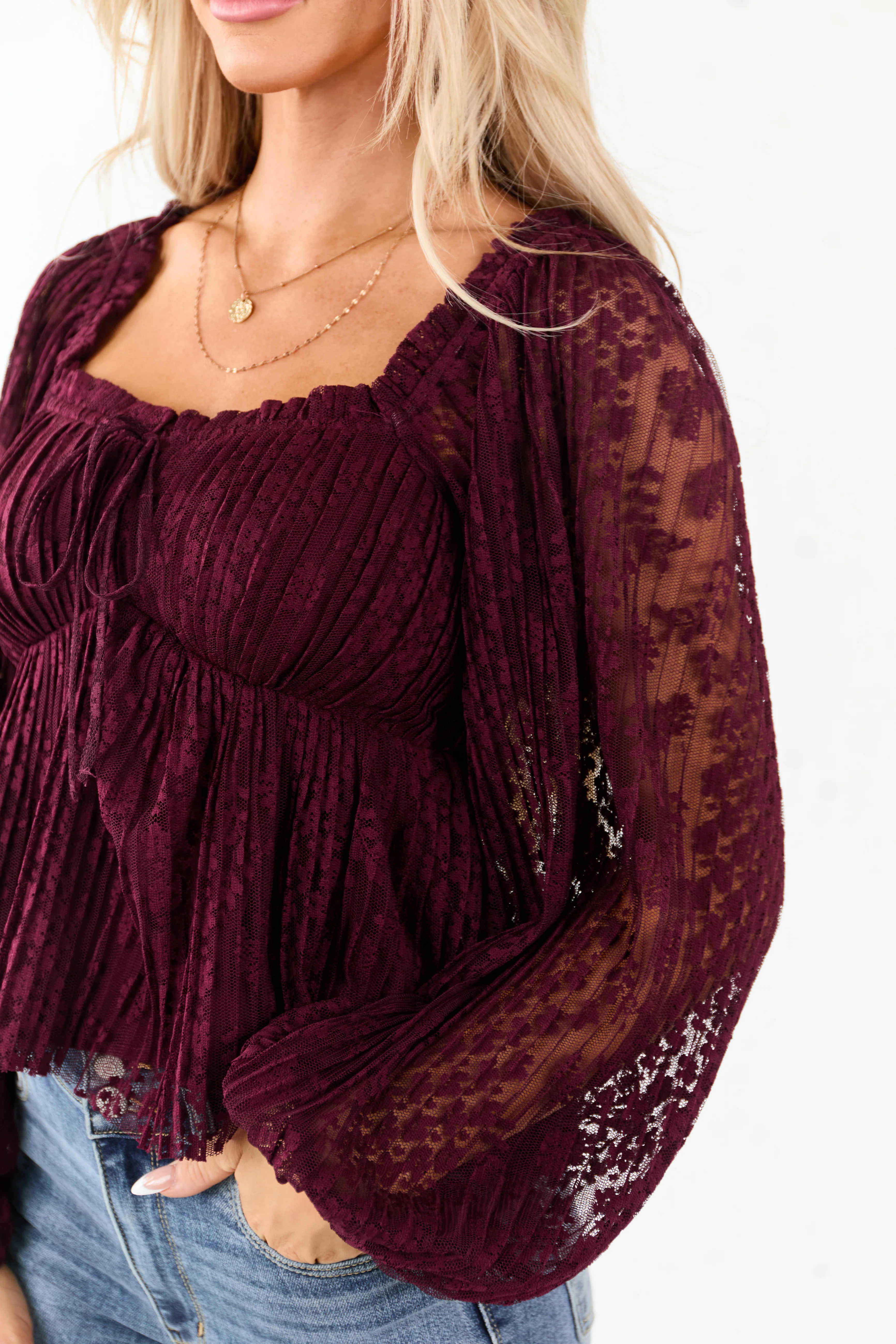 Listicle Wine Floral Lace Long Sleeve Babydoll Top - Image 5