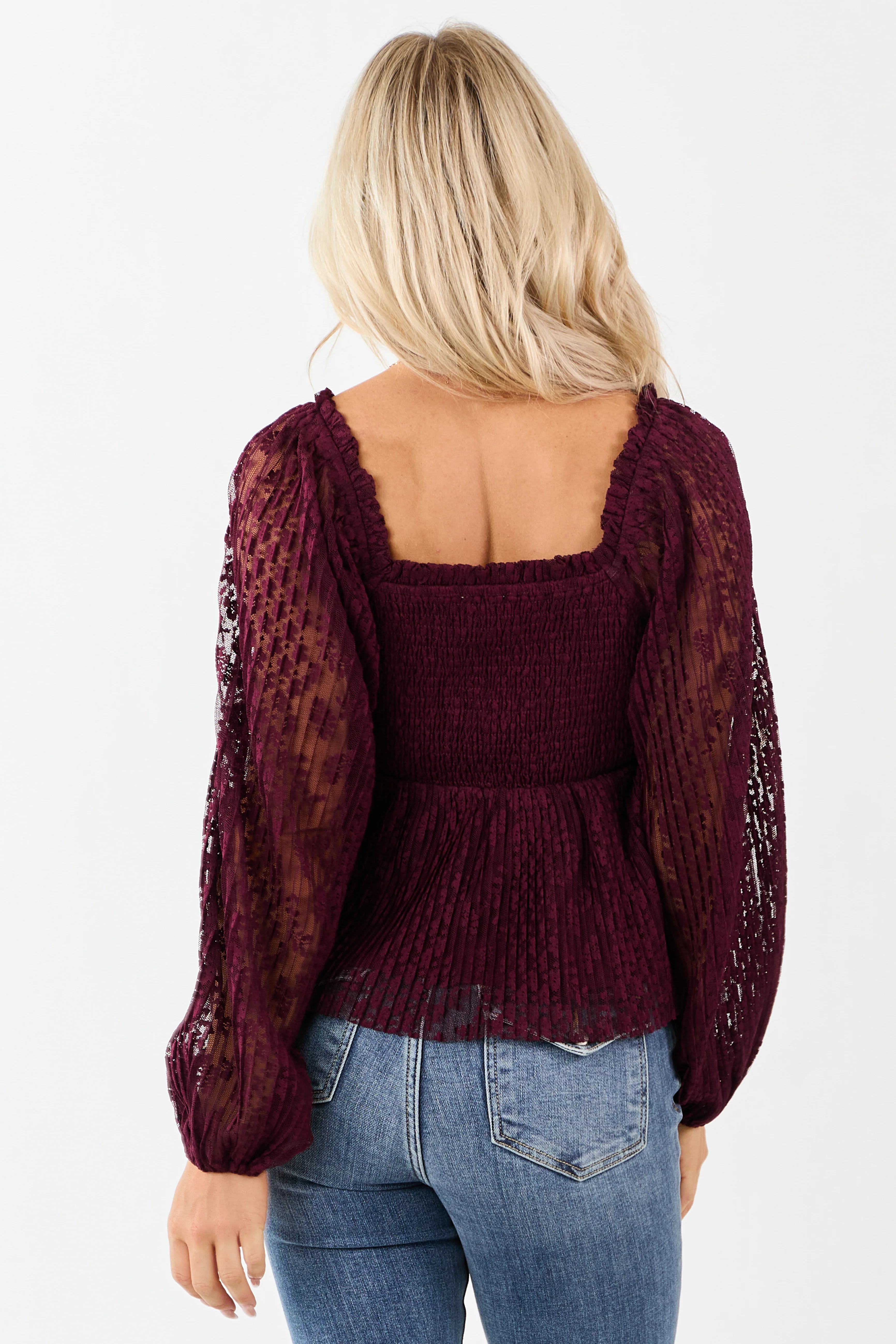 Listicle Wine Floral Lace Long Sleeve Babydoll Top - Image 8