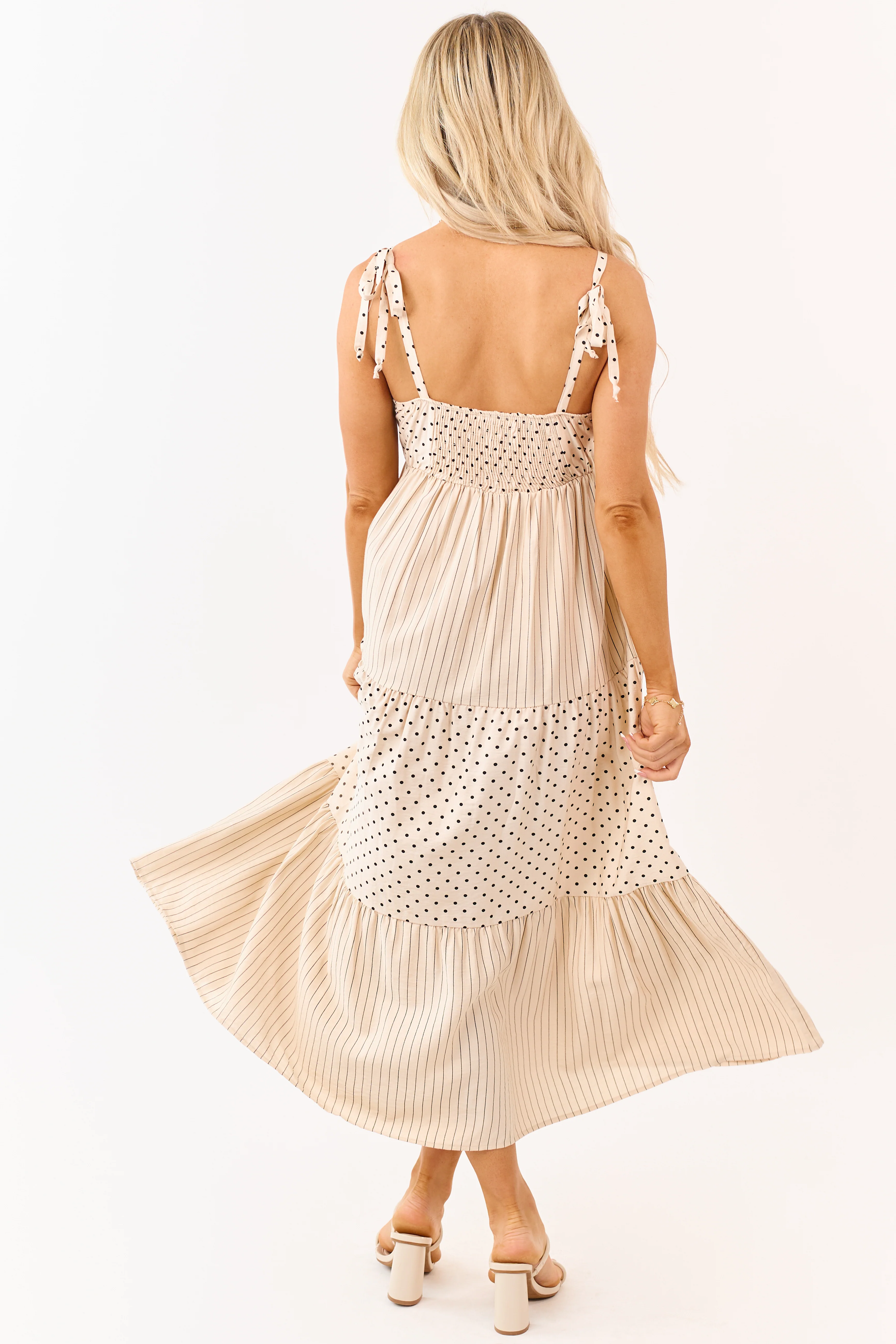 Lovelo Almond Polka Dot and Stripe Tiered Midi Dress - Image 6