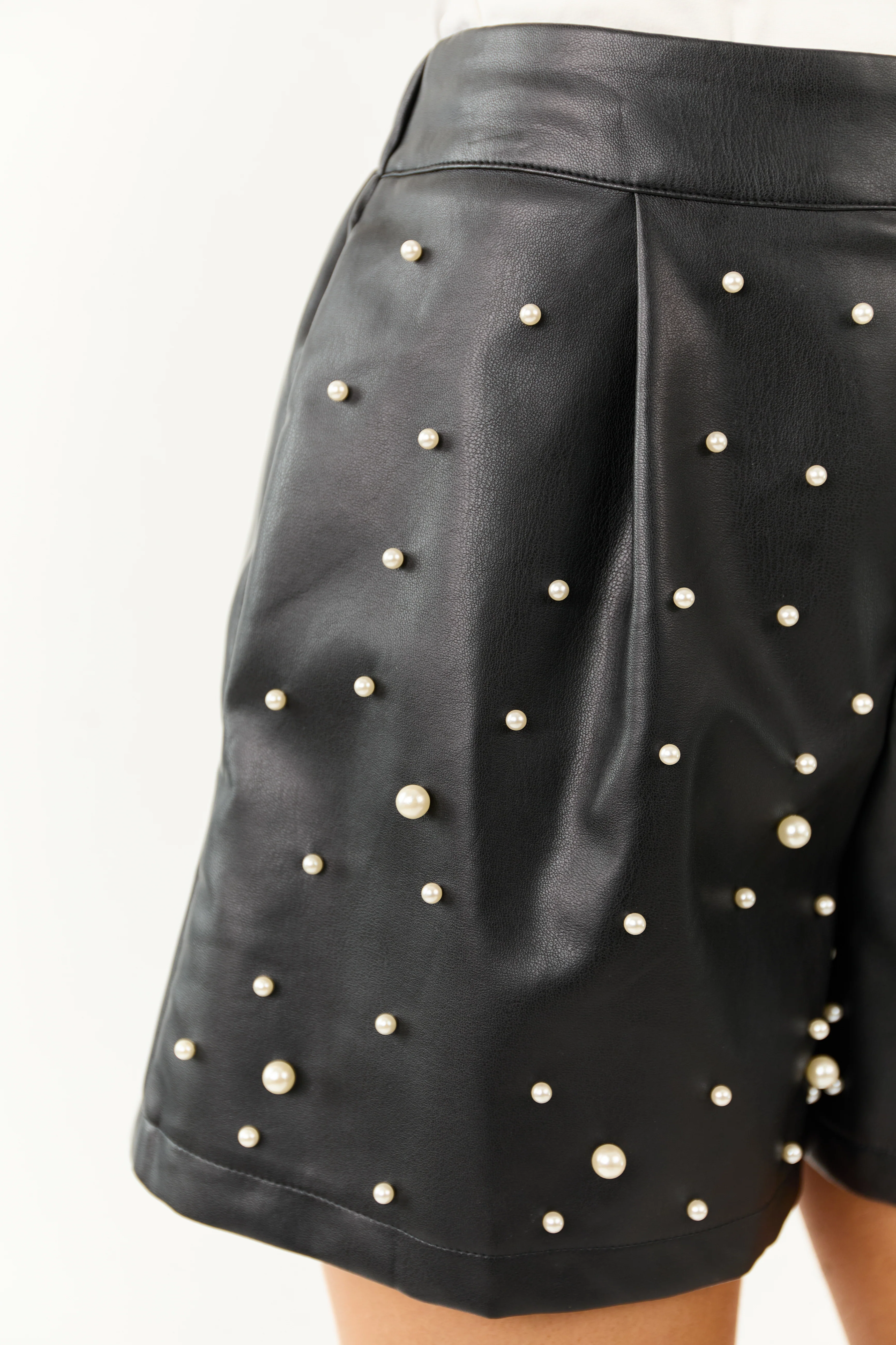 Lovelo Black Faux Leather Pearl Detail Shorts - Image 2