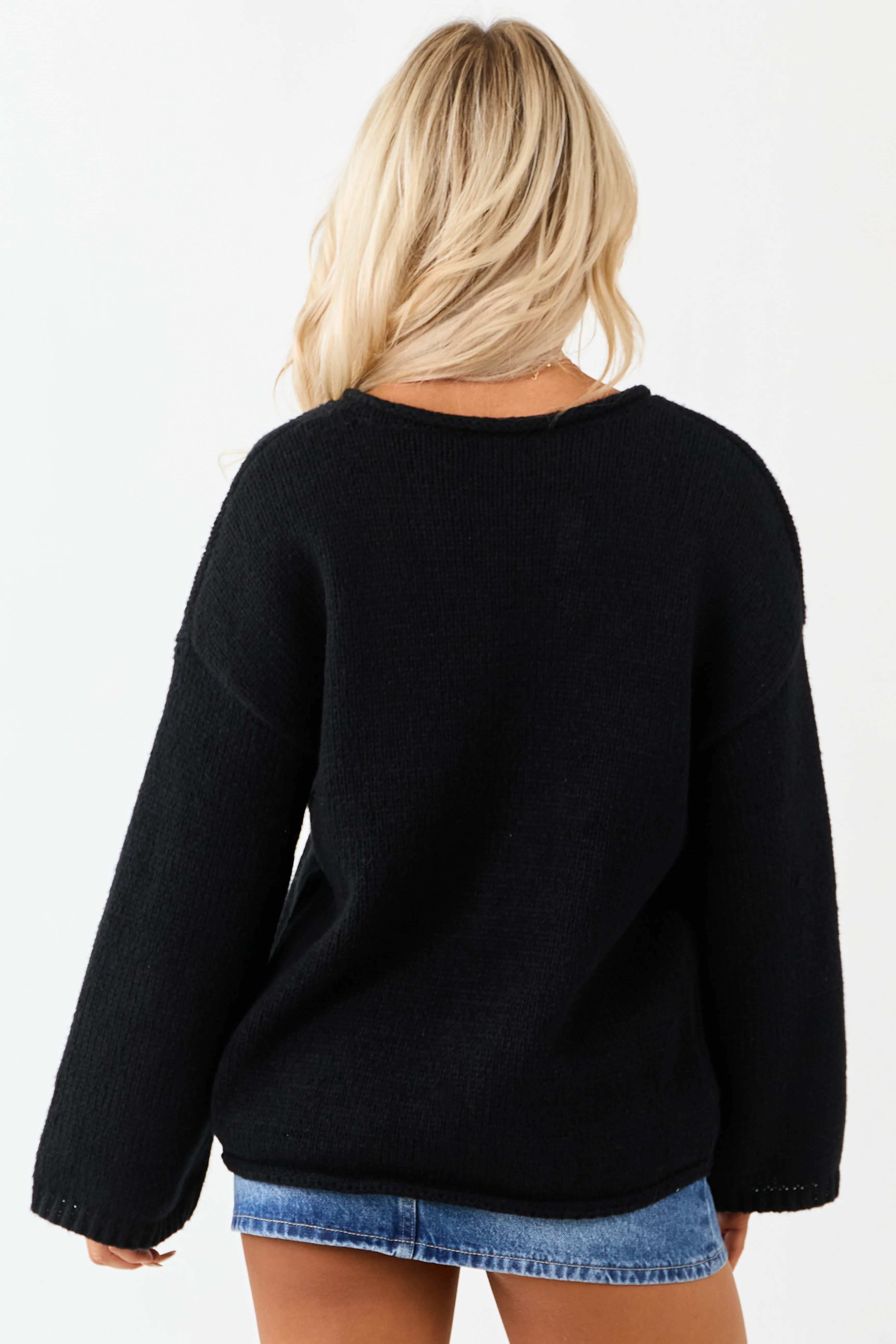 Lovelo Black V Neck Long Sleeve Chunky Knit Sweater - Image 5