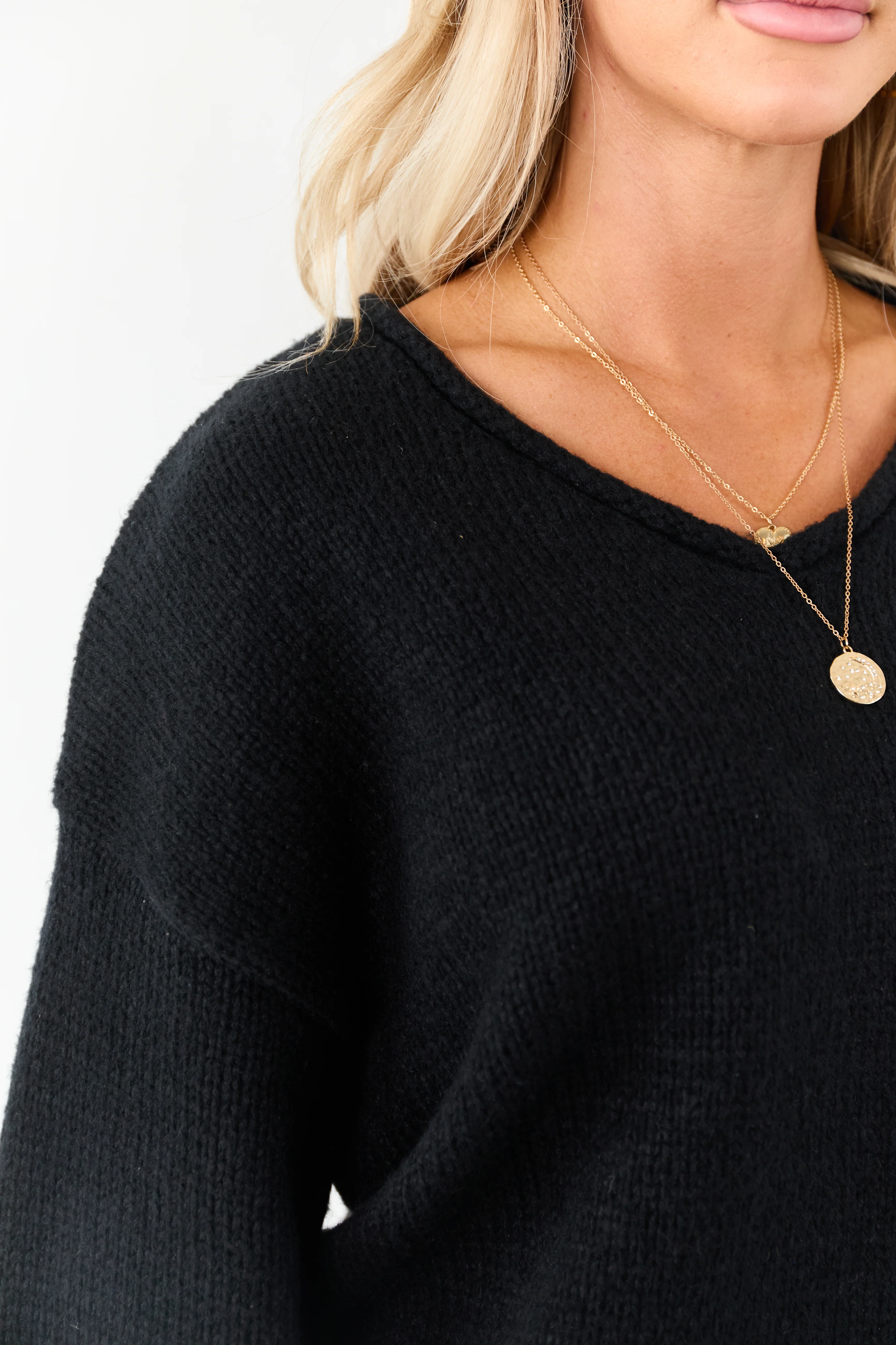 Lovelo Black V Neck Long Sleeve Chunky Knit Sweater - Image 6
