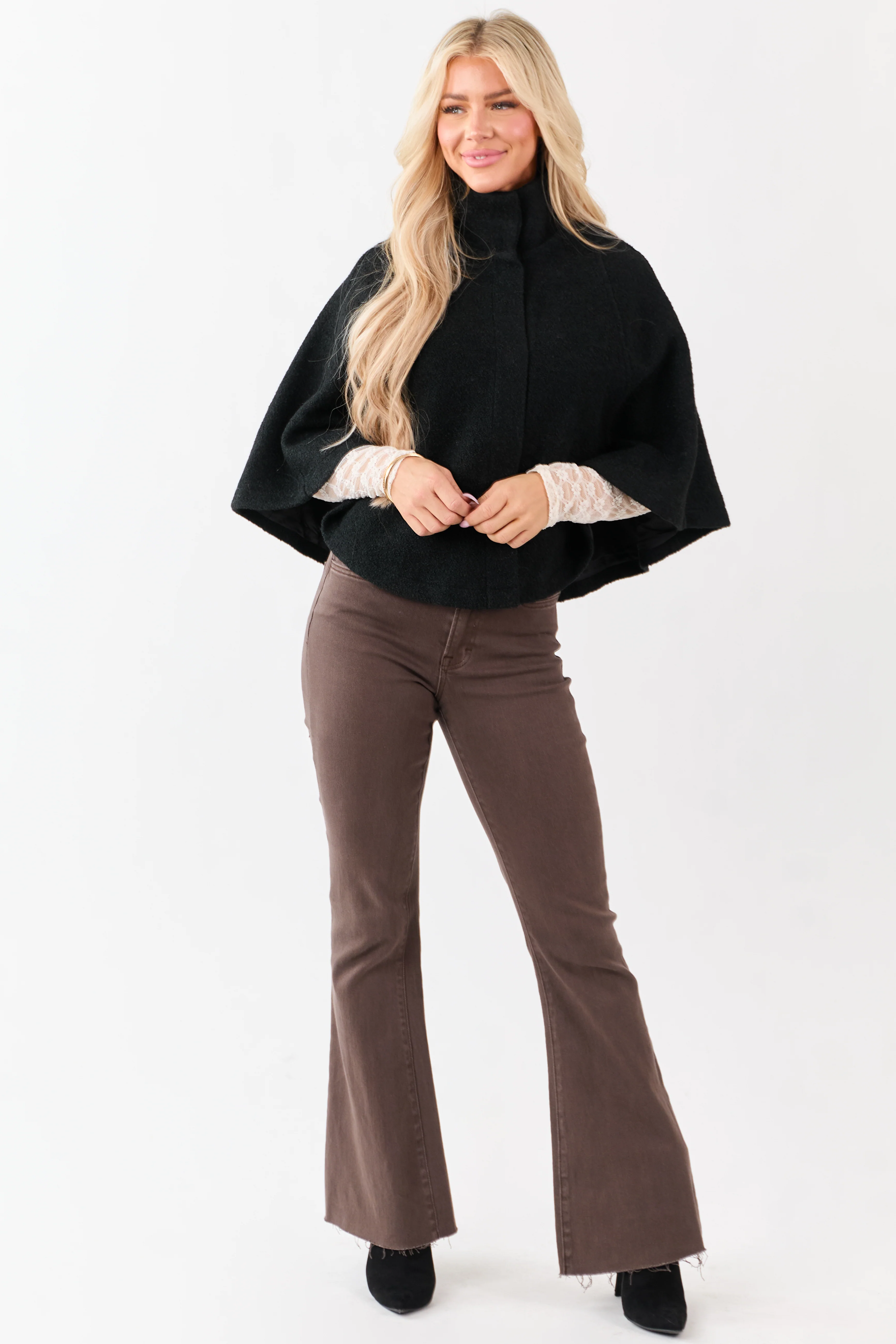 Lovelo Black Wool Blend Snap Button Cape Jacket - Image 2