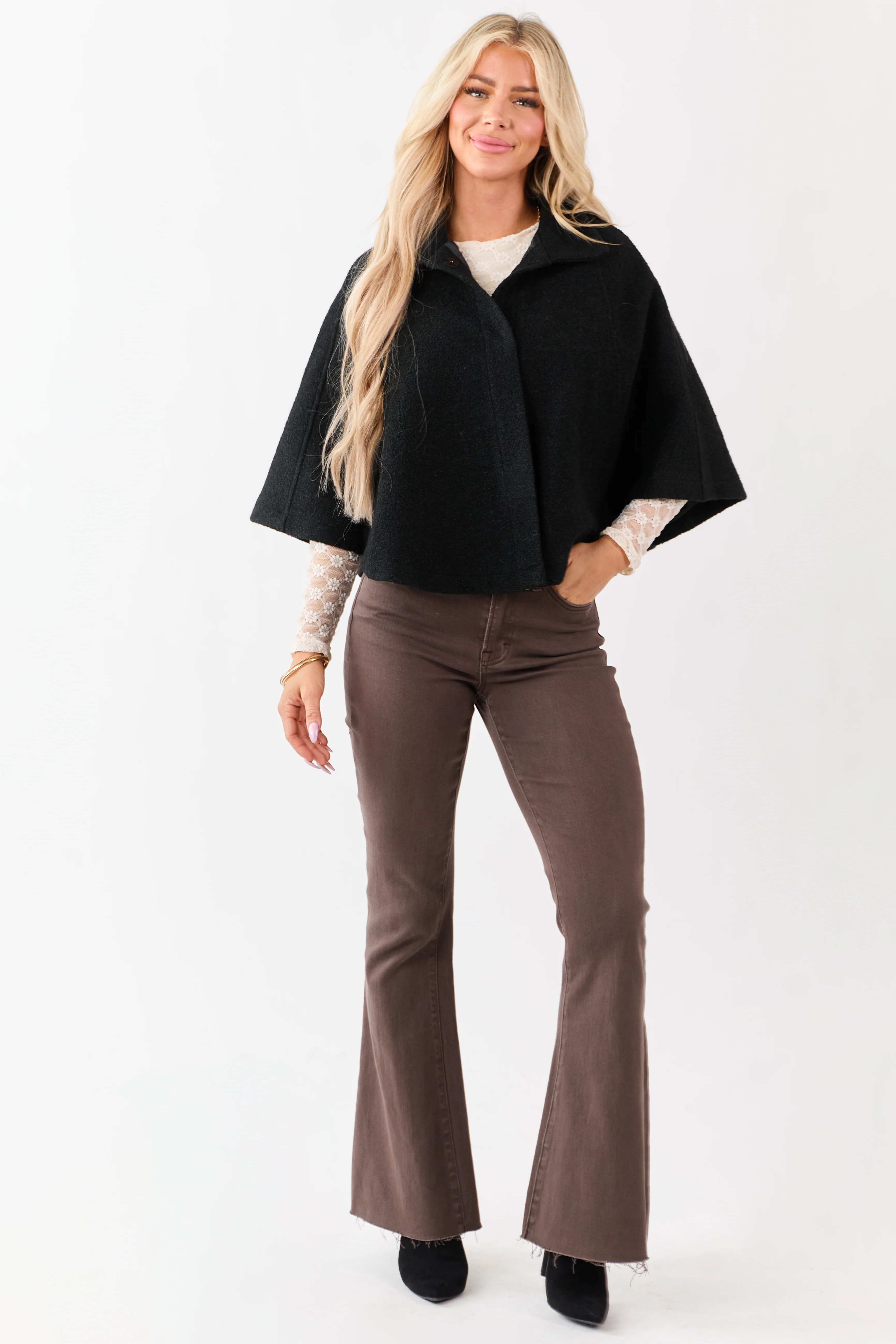 Lovelo Black Wool Blend Snap Button Cape Jacket - Image 3