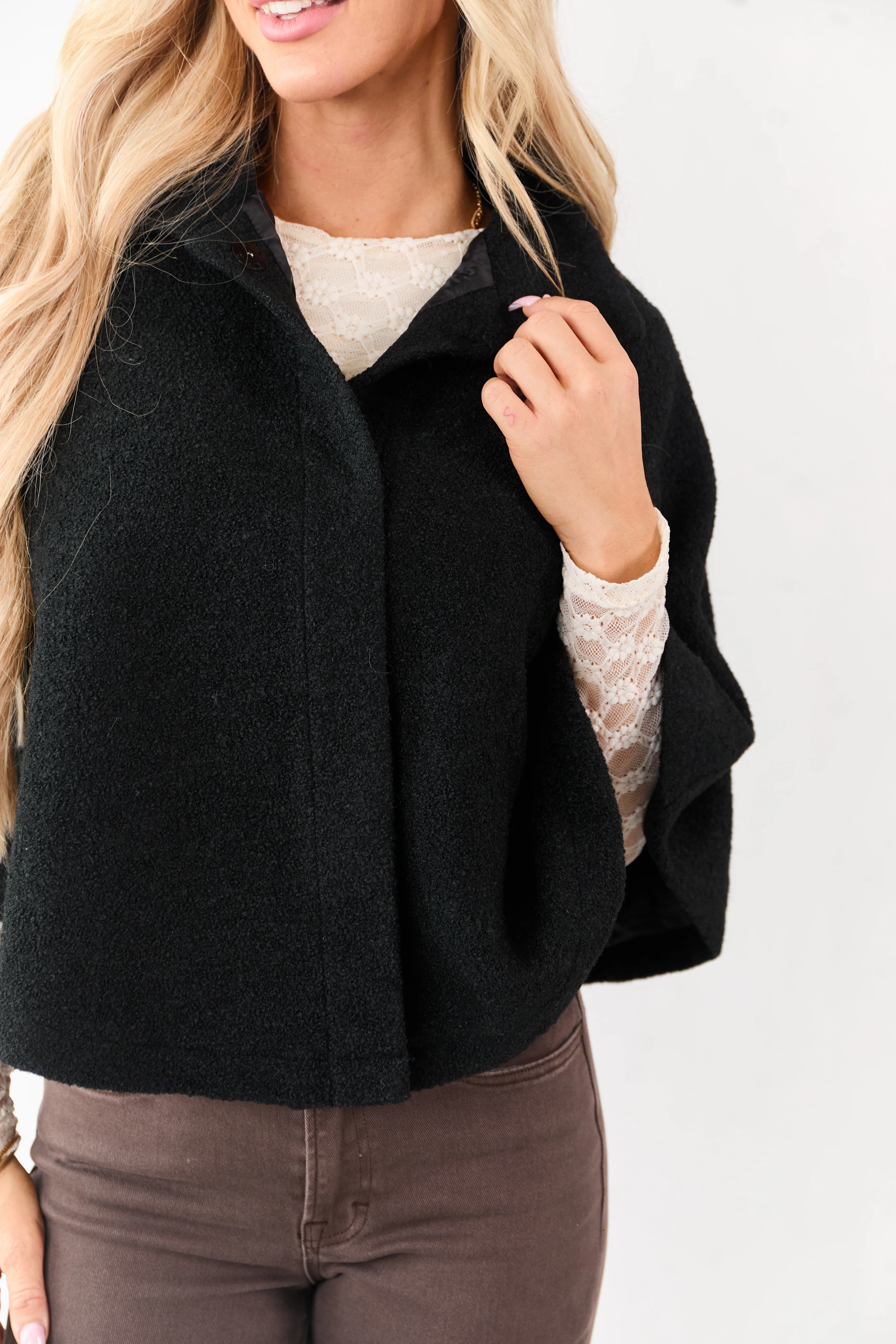 Lovelo Black Wool Blend Snap Button Cape Jacket - Image 6