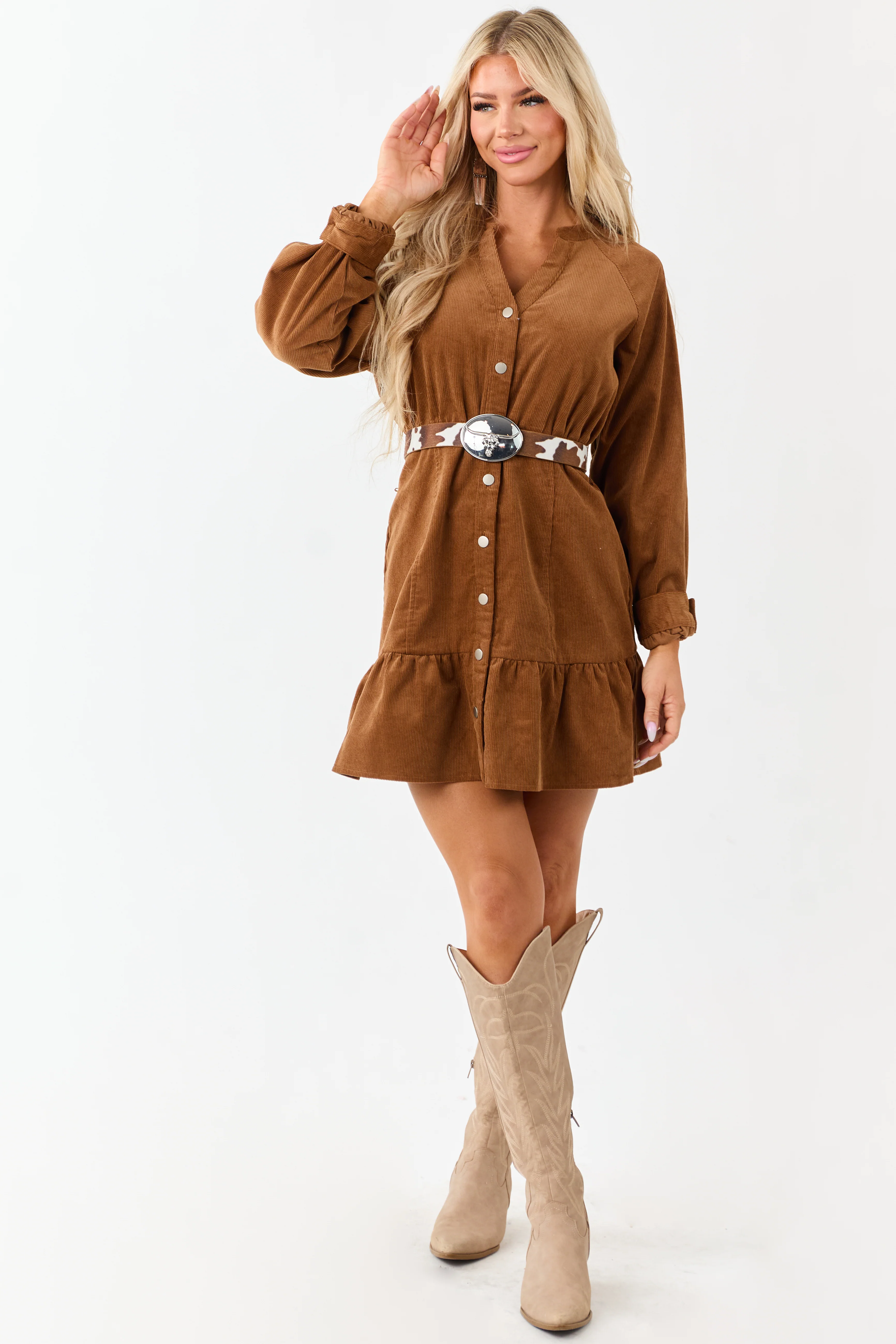 Lovelo Brown Sugar Long Sleeve Corduroy Short Dress - Image 3