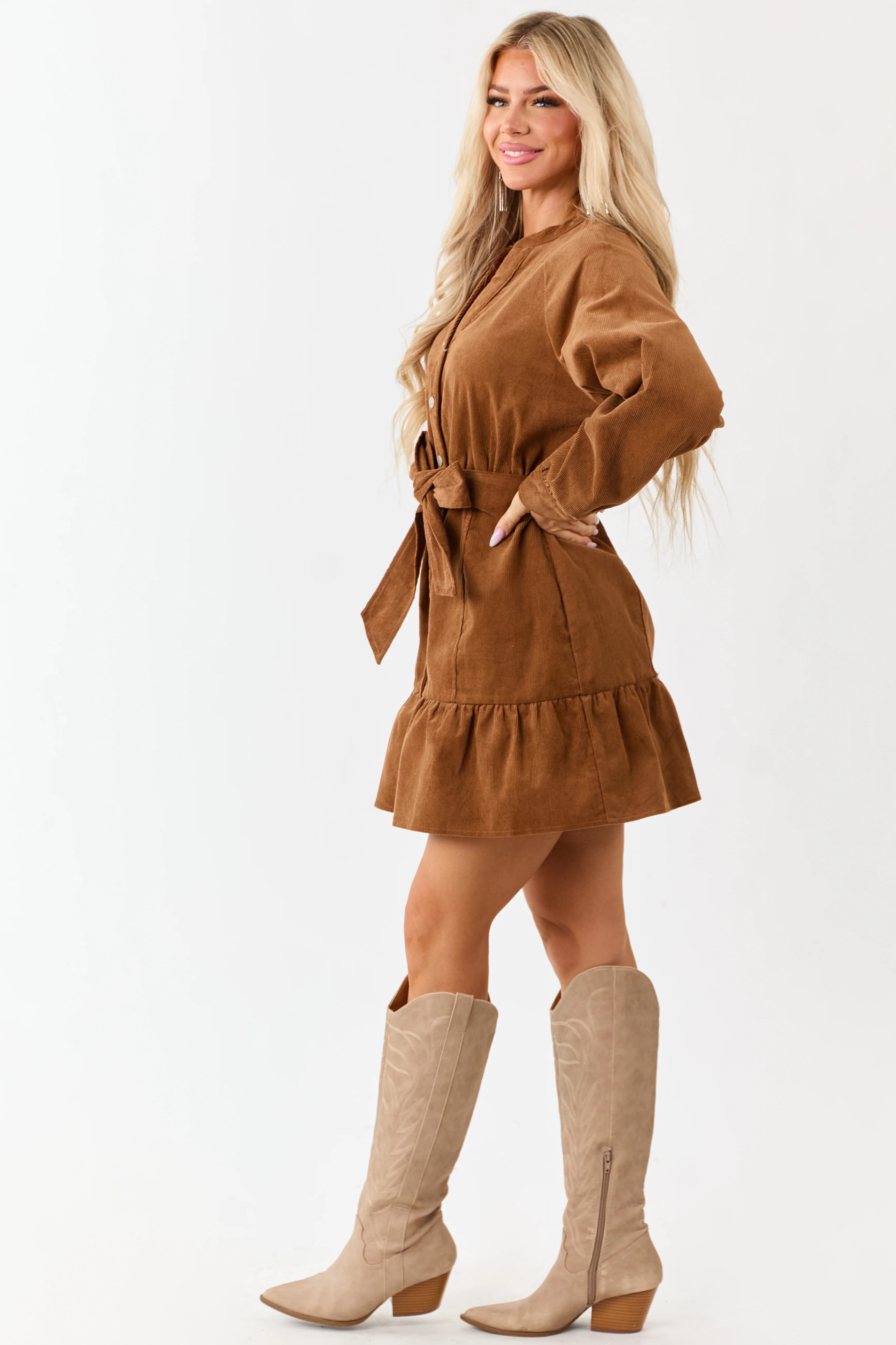 Lovelo Brown Sugar Long Sleeve Corduroy Short Dress - Image 4