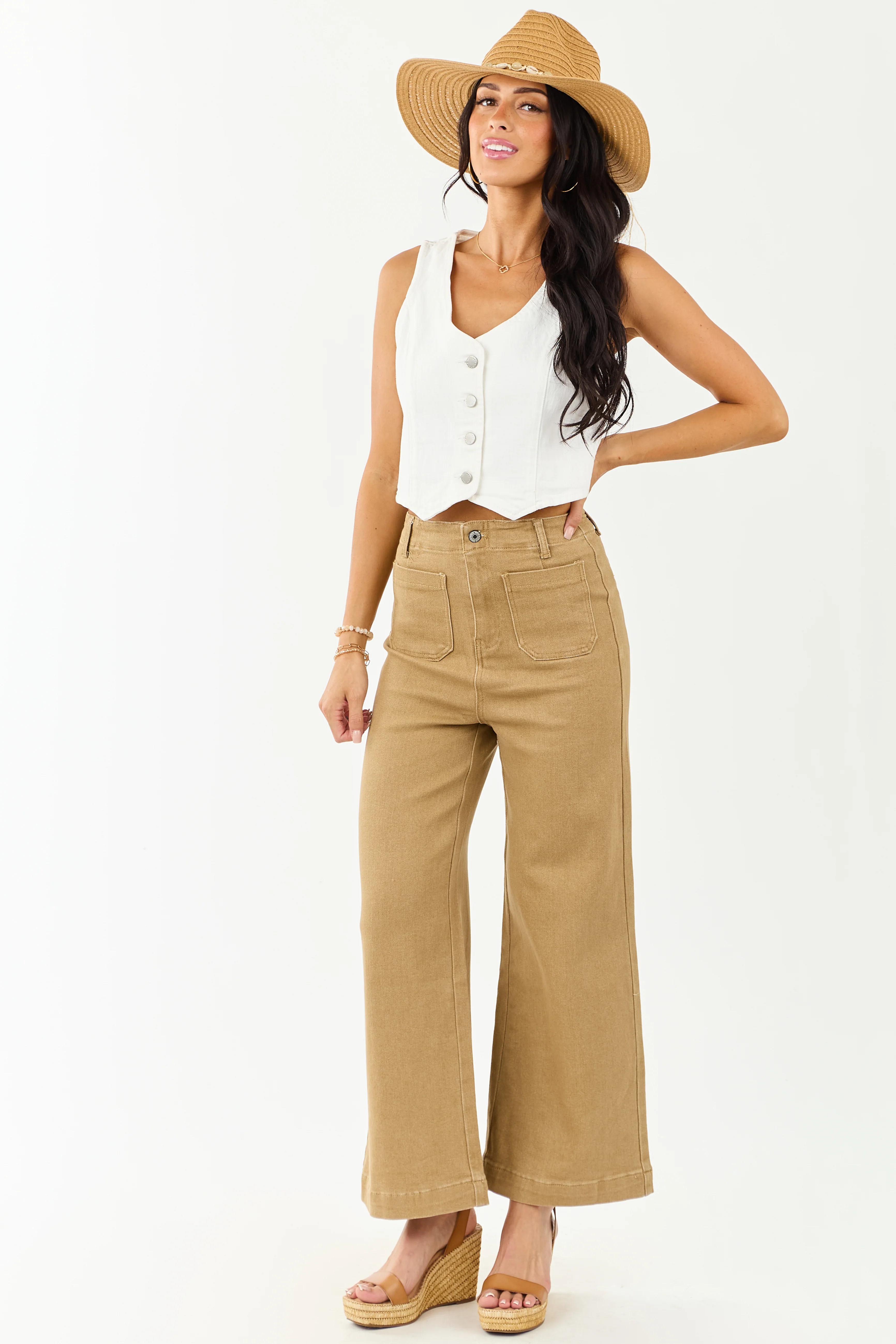 Lovelo Camel Patch Pocket High Rise Wide Leg Jeans - Image 6