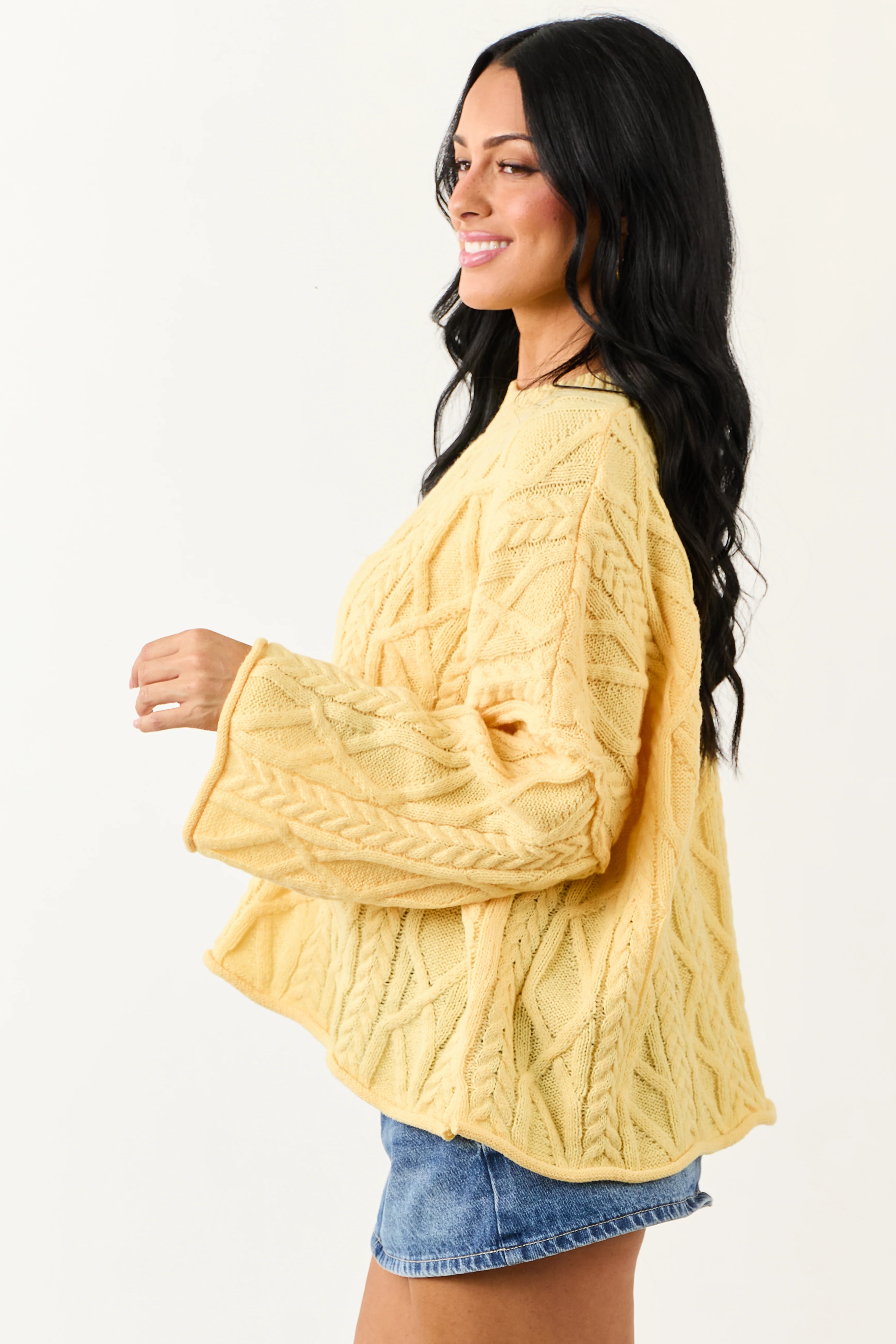 Lovelo Canary Yellow Cable Knit Relaxed Sweater - Image 5