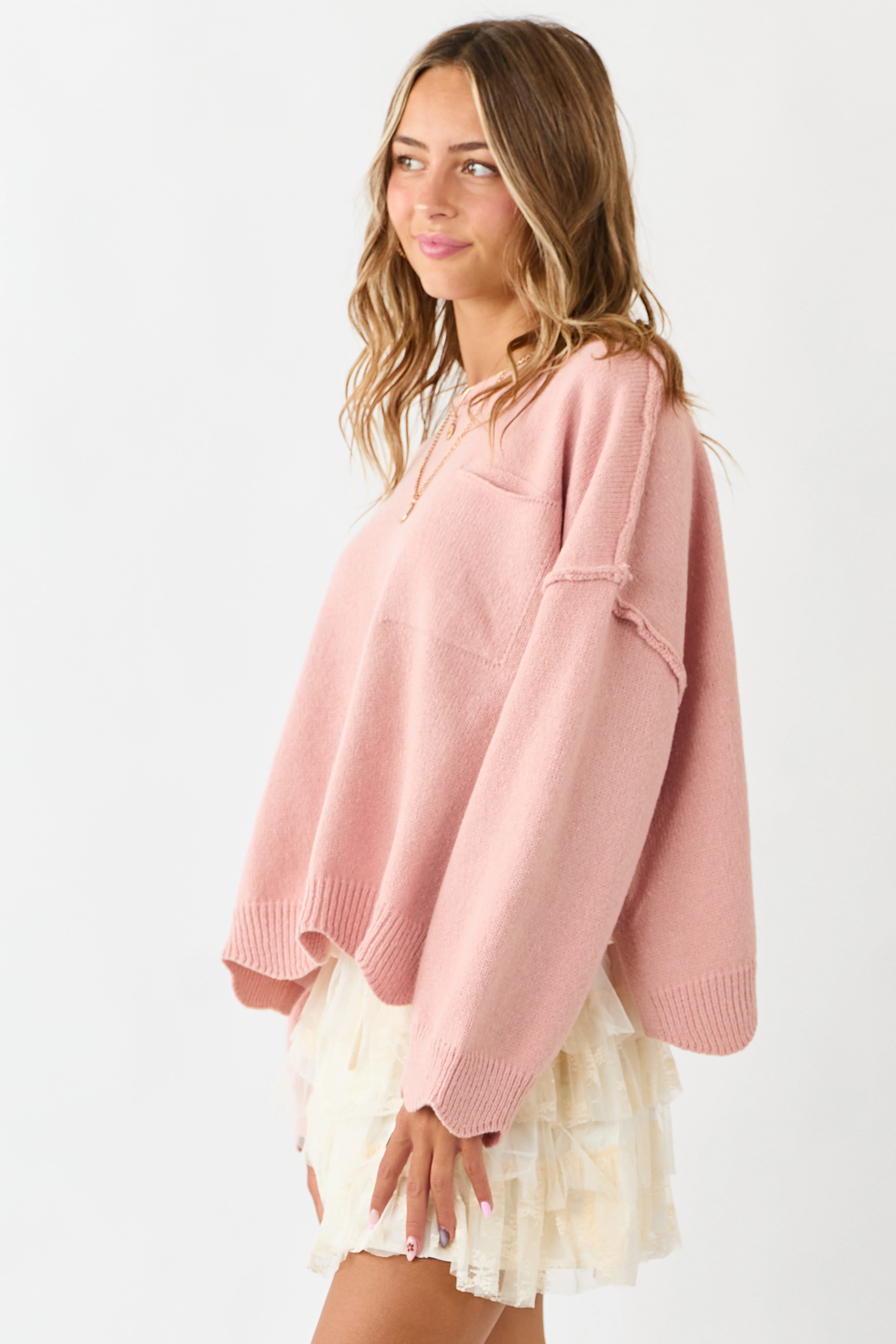 Lovelo Cherry Blossom Scallop Trim Relaxed Sweater - Image 4