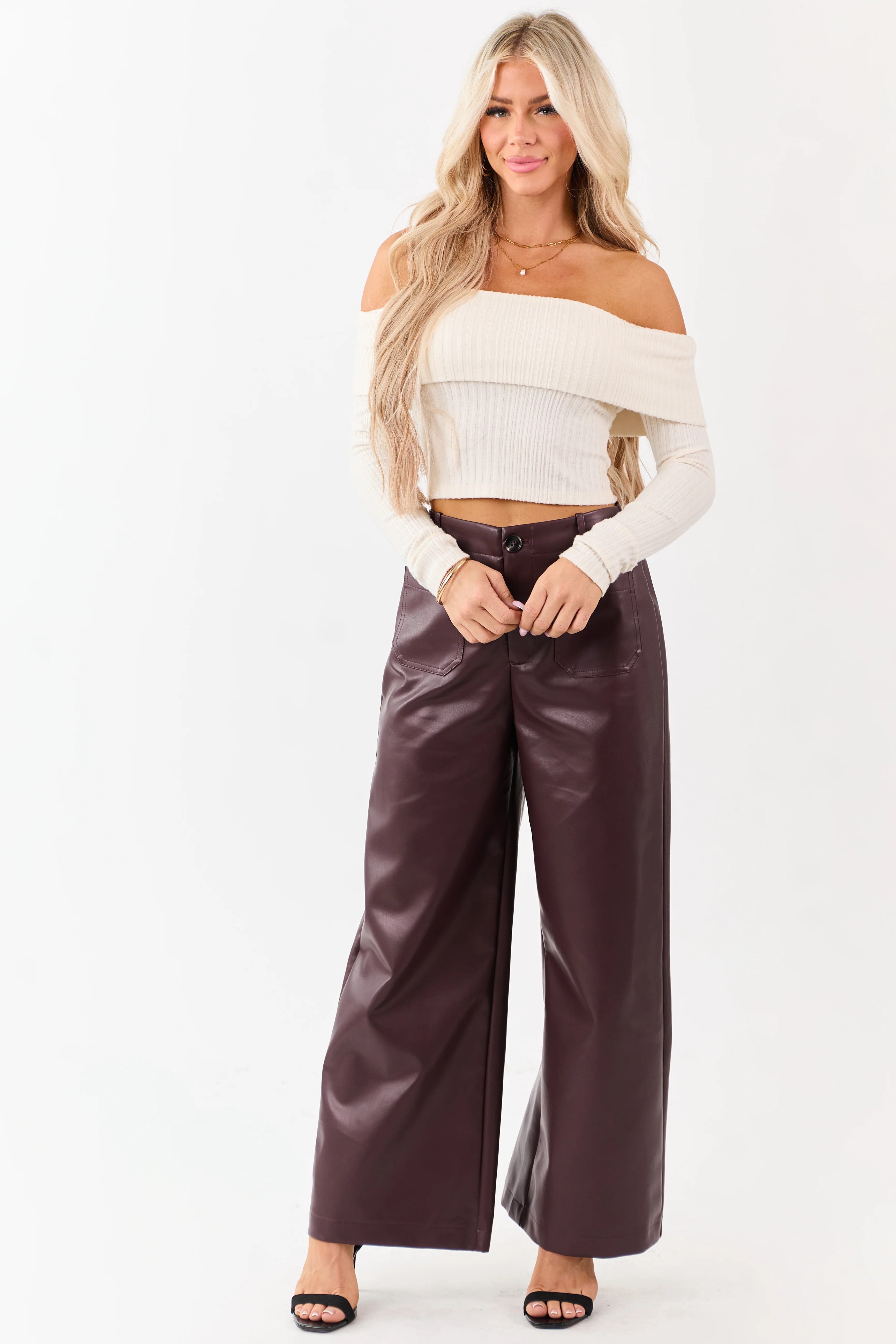 Lovelo Chocolate Faux Leather Wide Leg Pants - Image 2