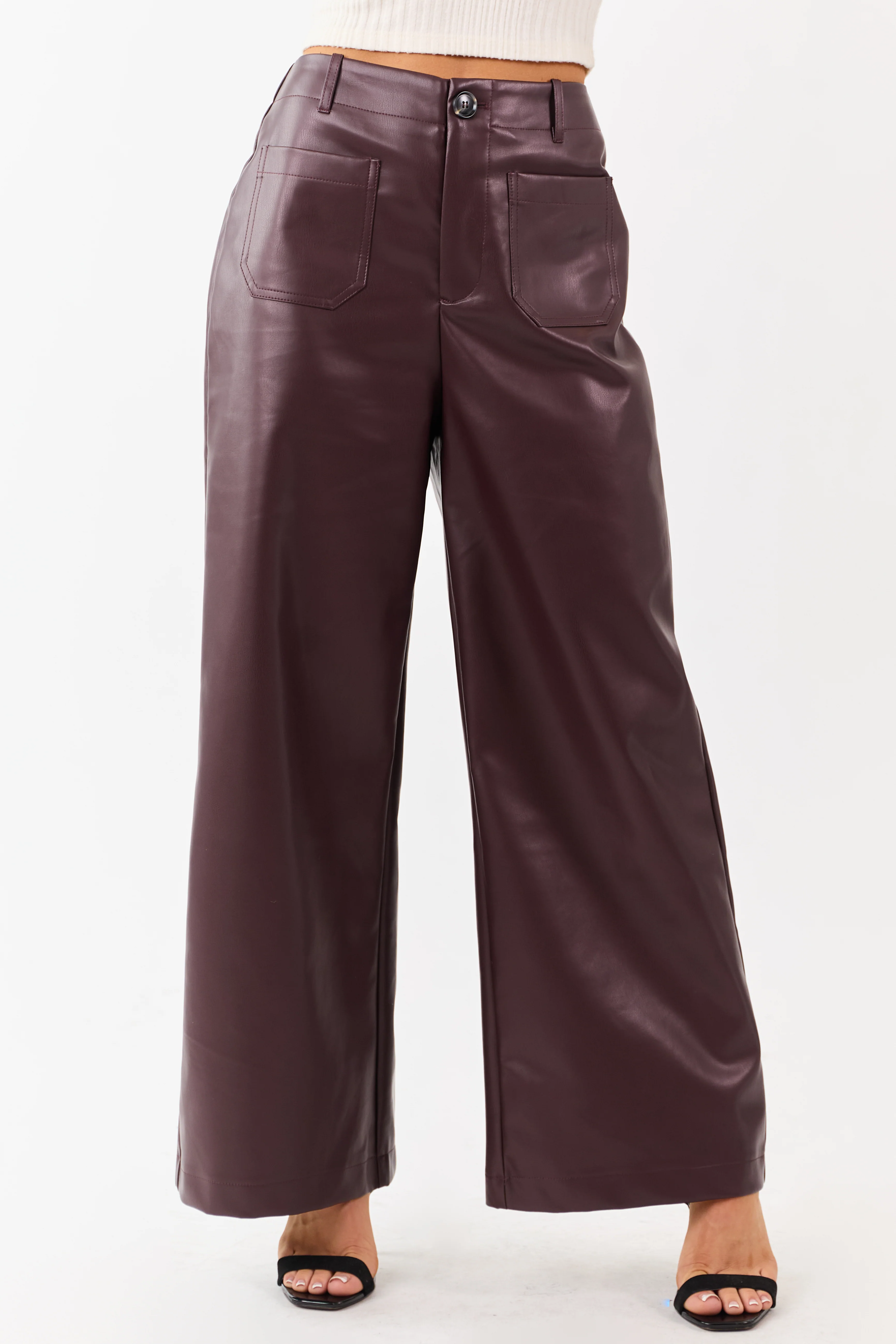 Lovelo Chocolate Faux Leather Wide Leg Pants - Image 3