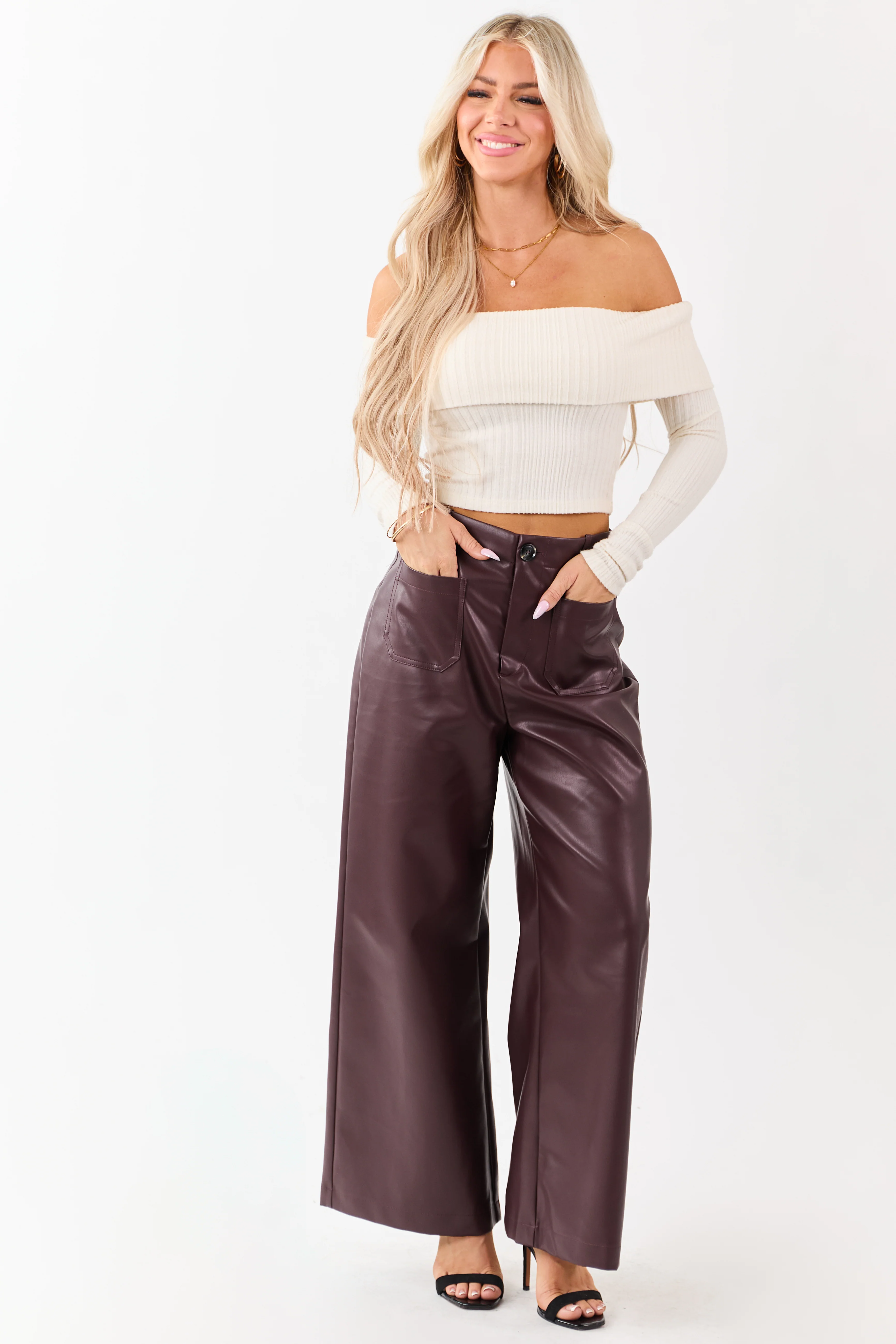 Lovelo Chocolate Faux Leather Wide Leg Pants - Image 6