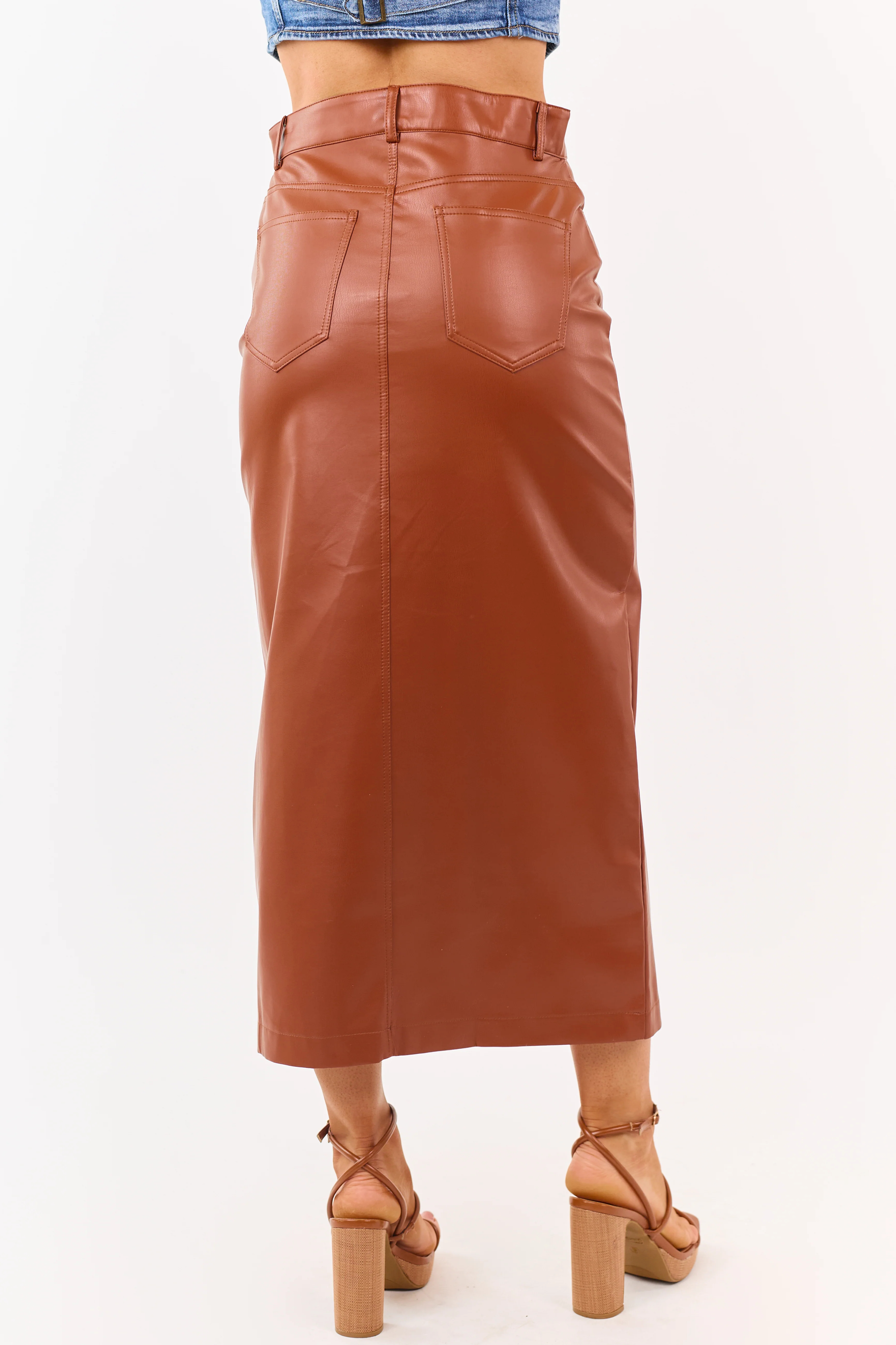 Lovelo Cinnamon Faux Leather Front Slit Midi Skirt - Image 4