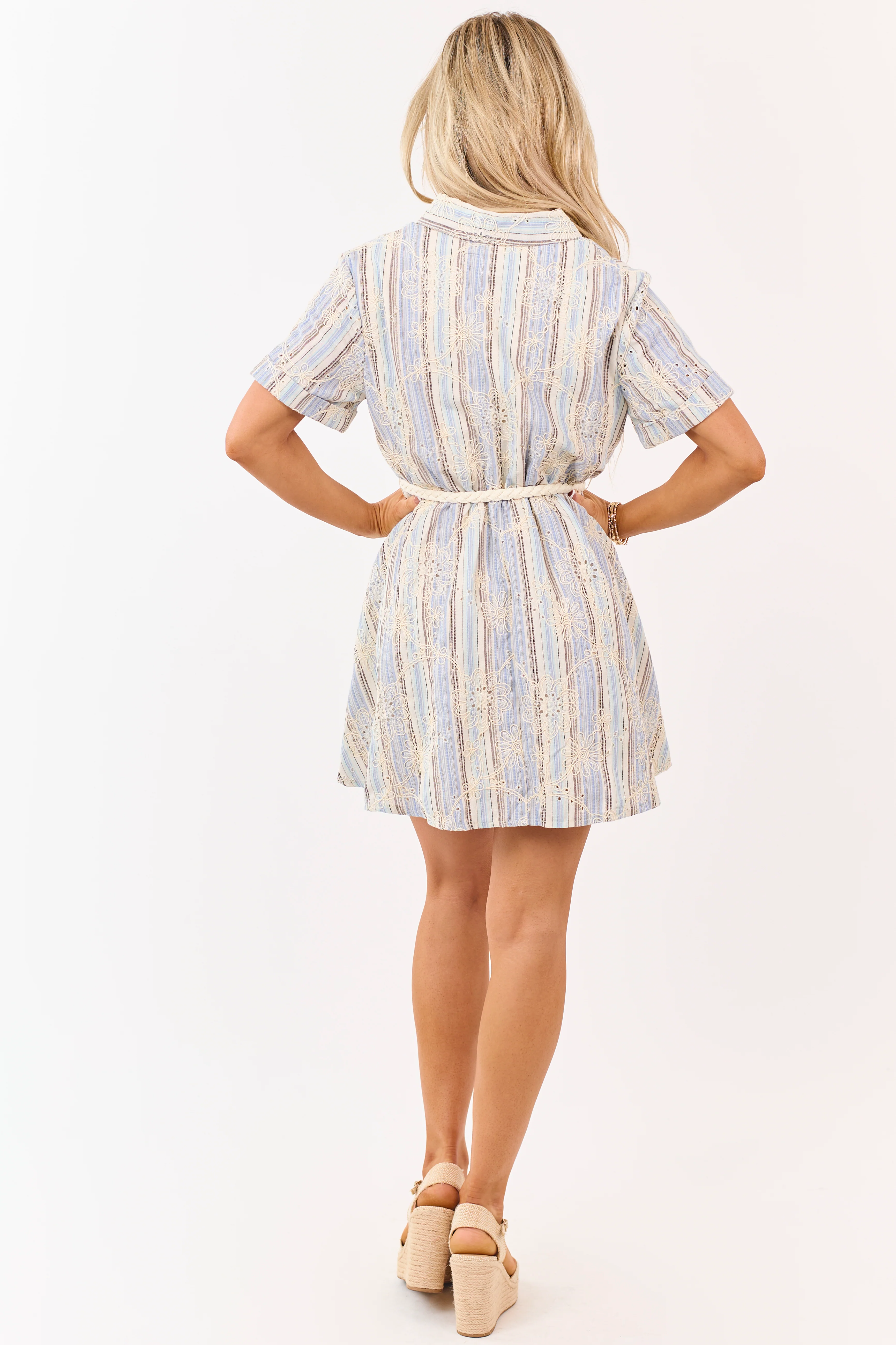 Lovelo Cornflower Striped Eyelet Mini Shirt Dress - Image 5