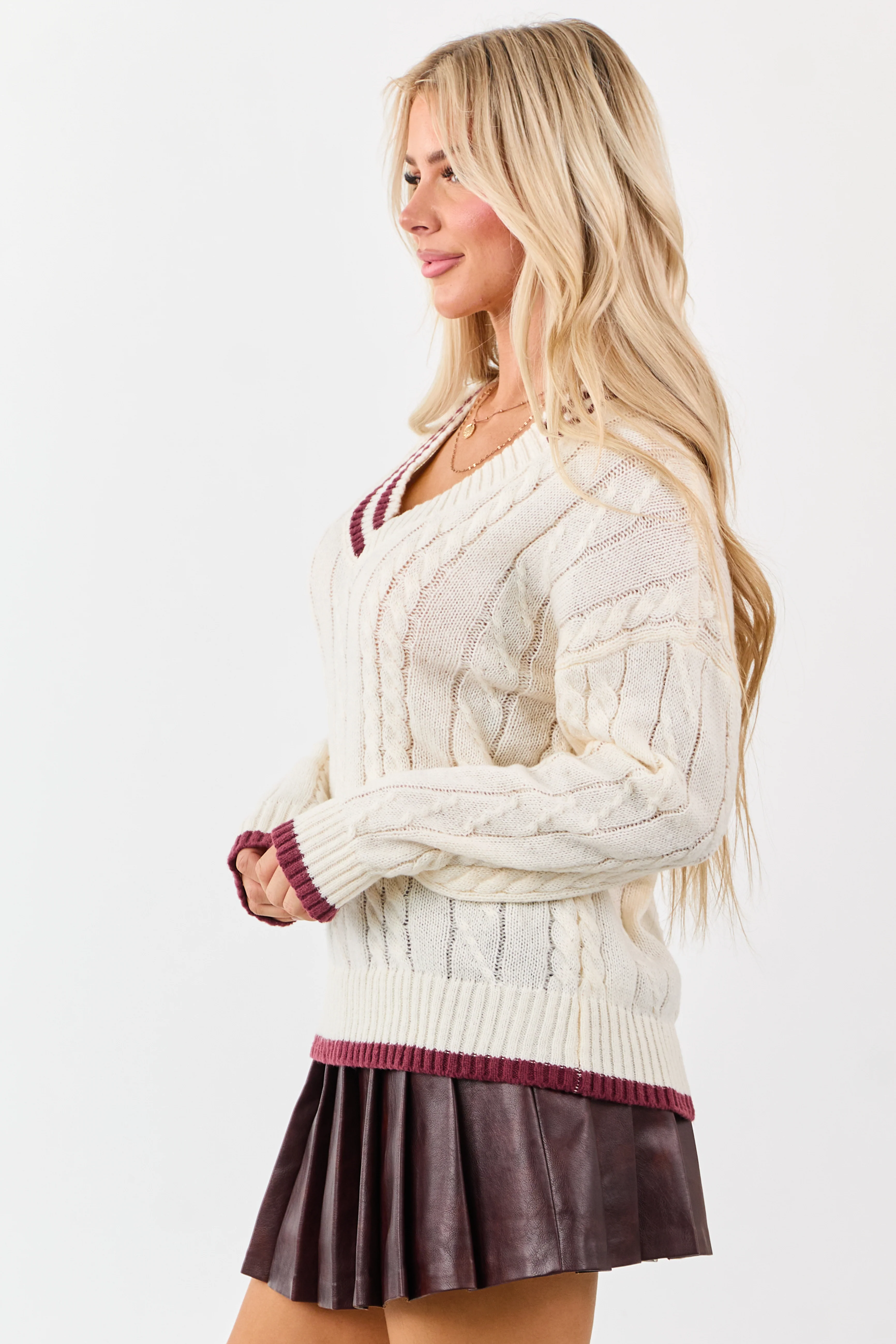 Lovelo Cream Cable Knit V Neck Contrast Trim Sweater - Image 6