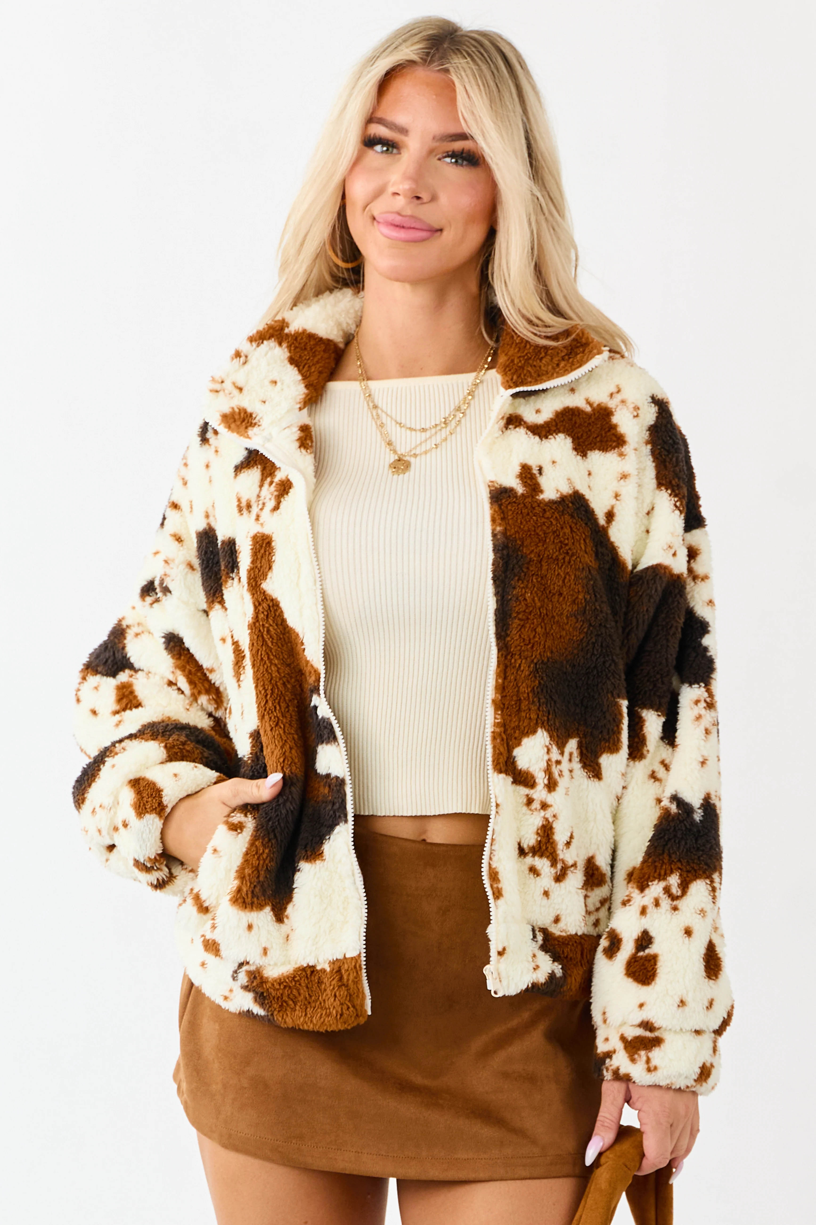Lovelo Cream Cow Print Sherpa Zip Up Jacket