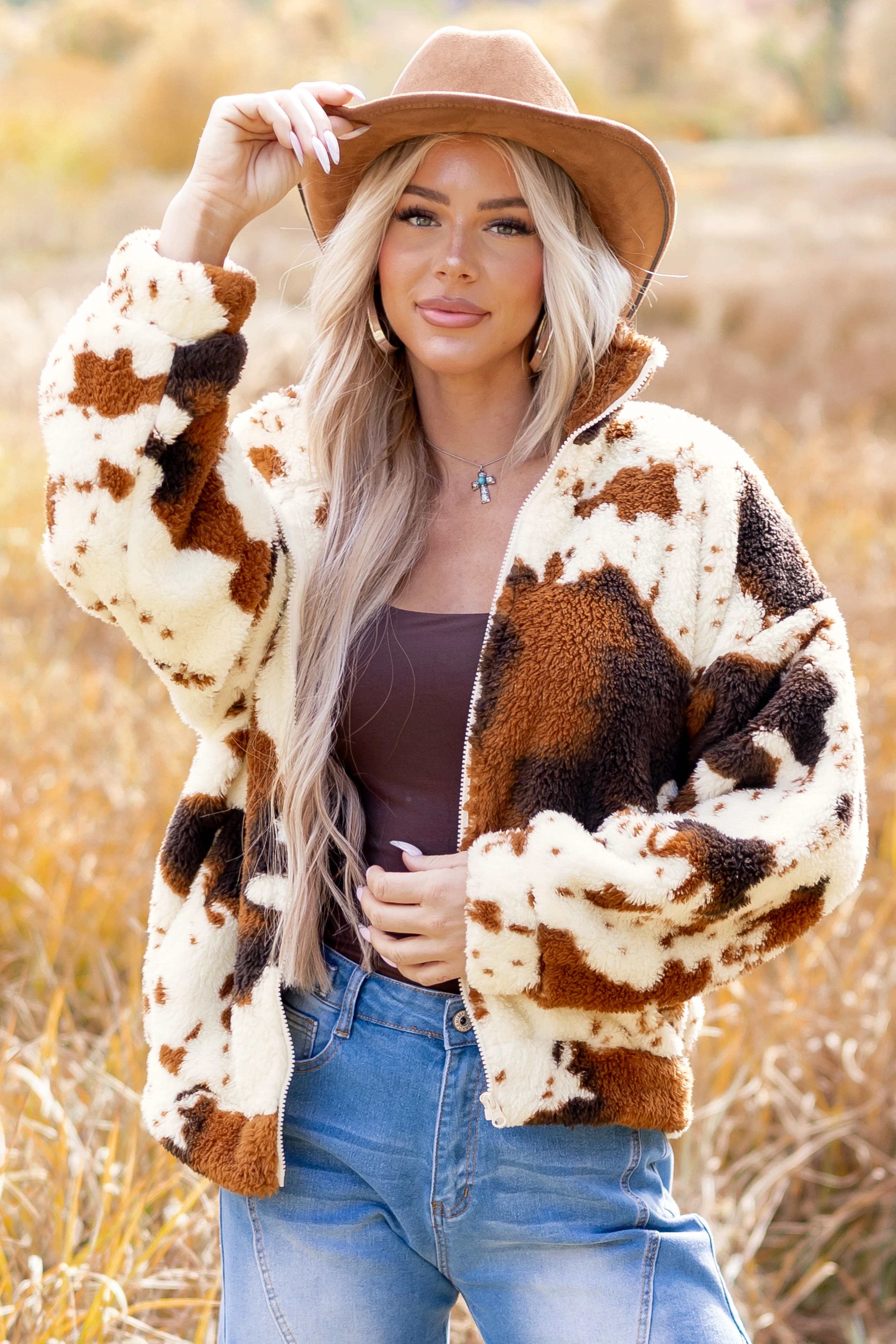 Lovelo Cream Cow Print Sherpa Zip Up Jacket - Image 2