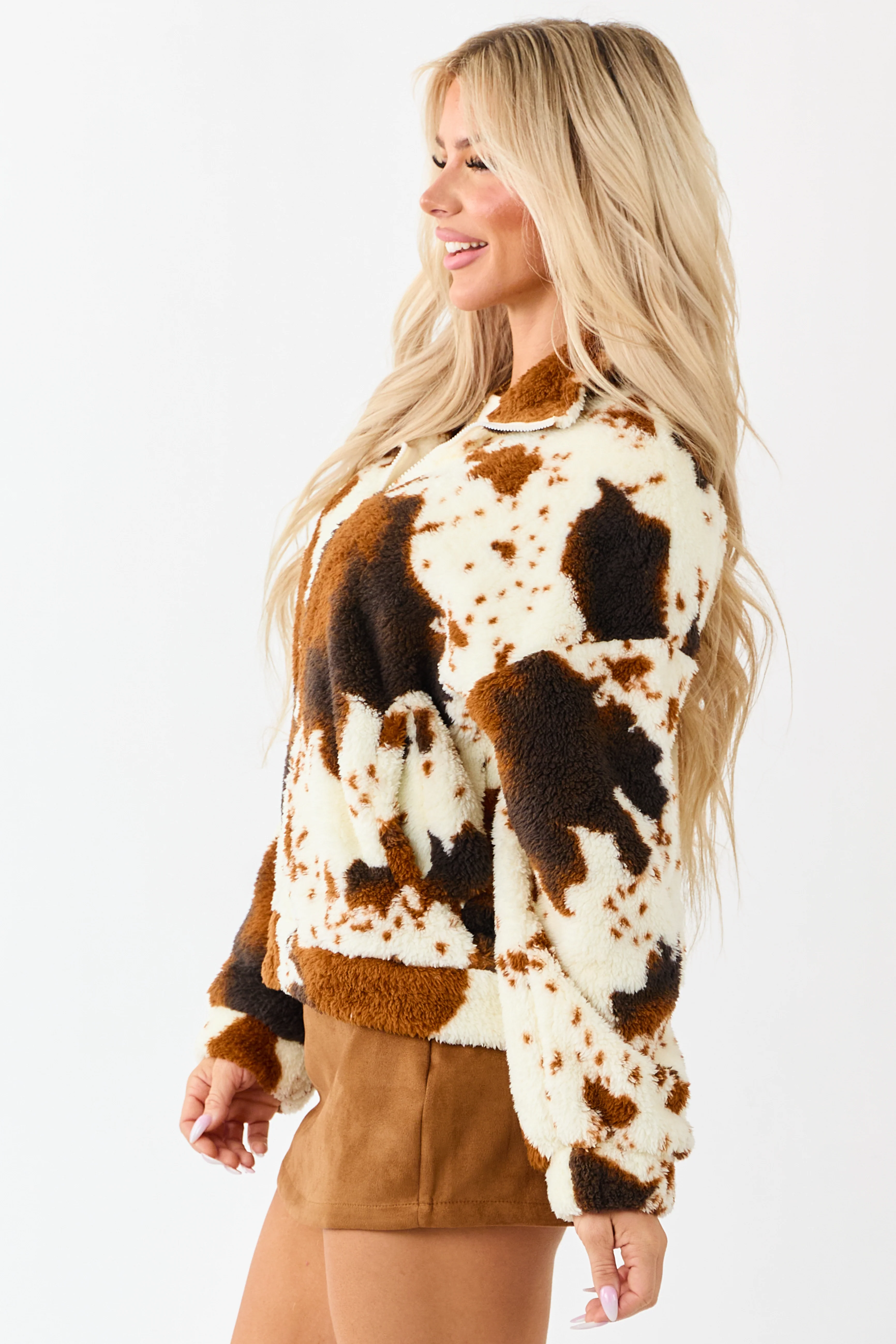 Lovelo Cream Cow Print Sherpa Zip Up Jacket - Image 6